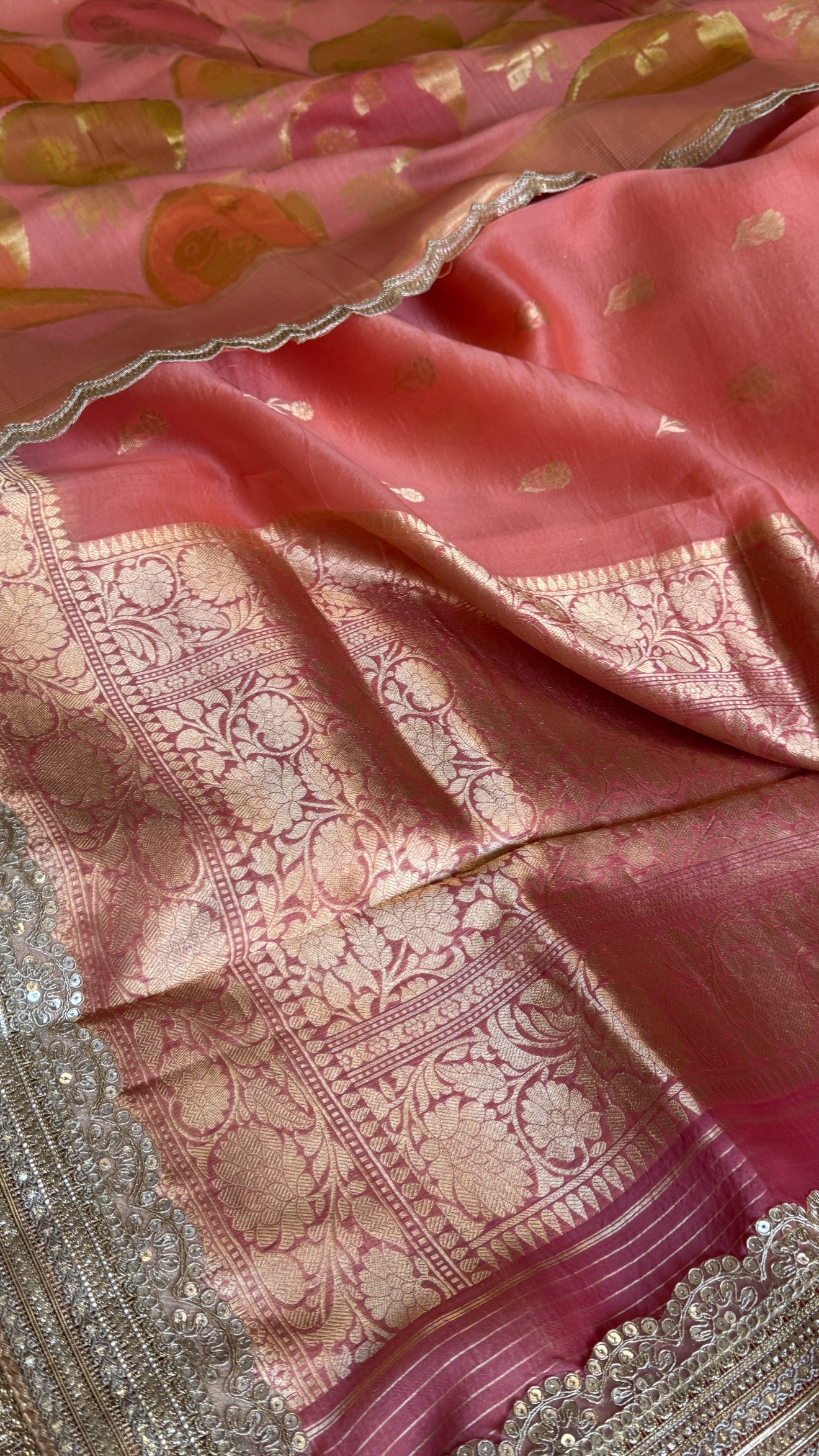 Kora silk chap dye contrast border kadhwa saree paired with moonga silk duppata
