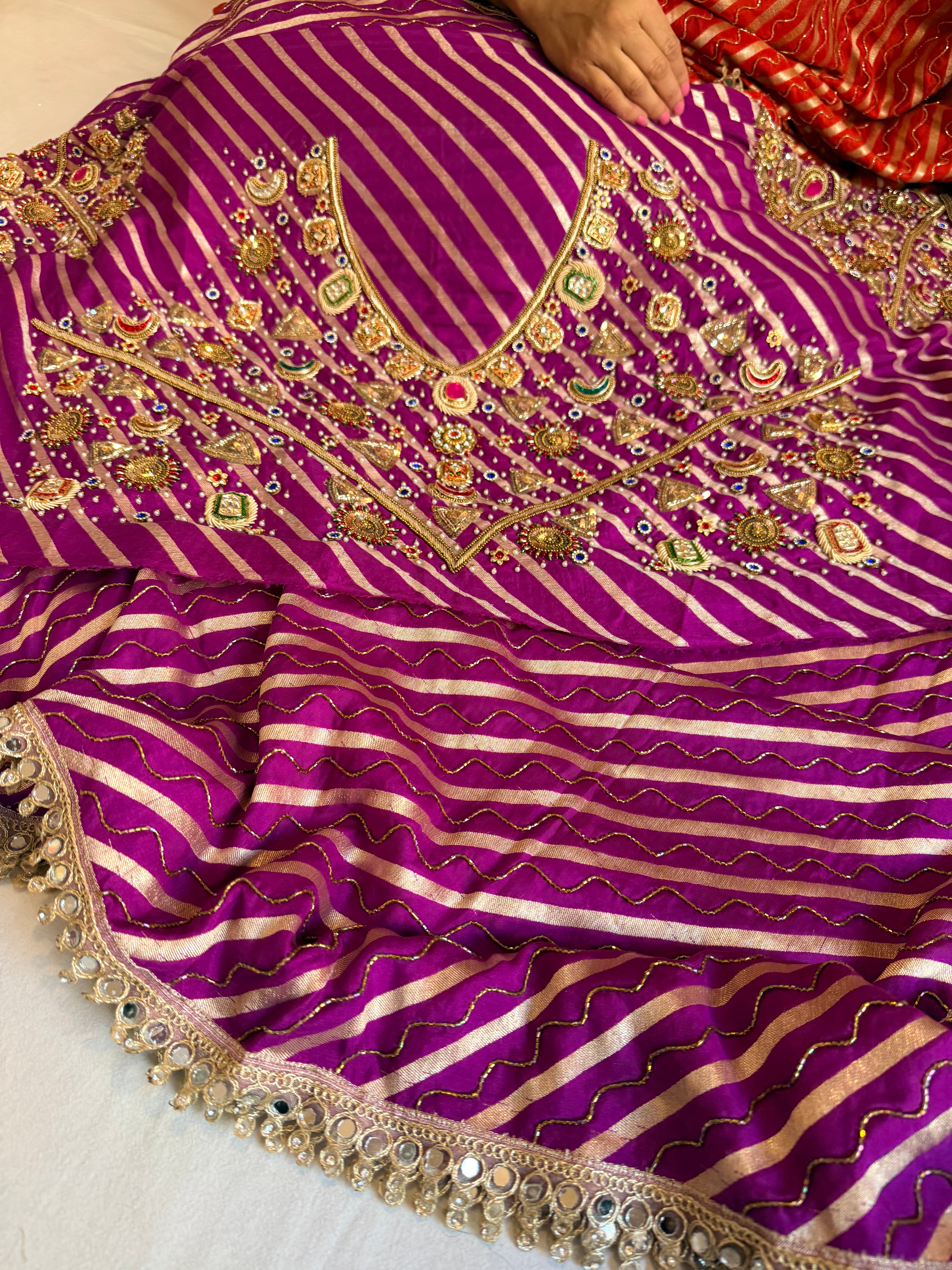 Mashru silk purple leheriya hand embroidered saree with bejewelled blouse