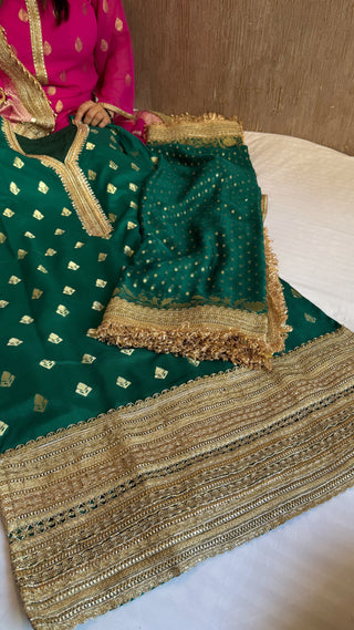 Pakistani drama inspired bottle green semi-stitched banarasi gorgette kadhwa gotapatti suit set