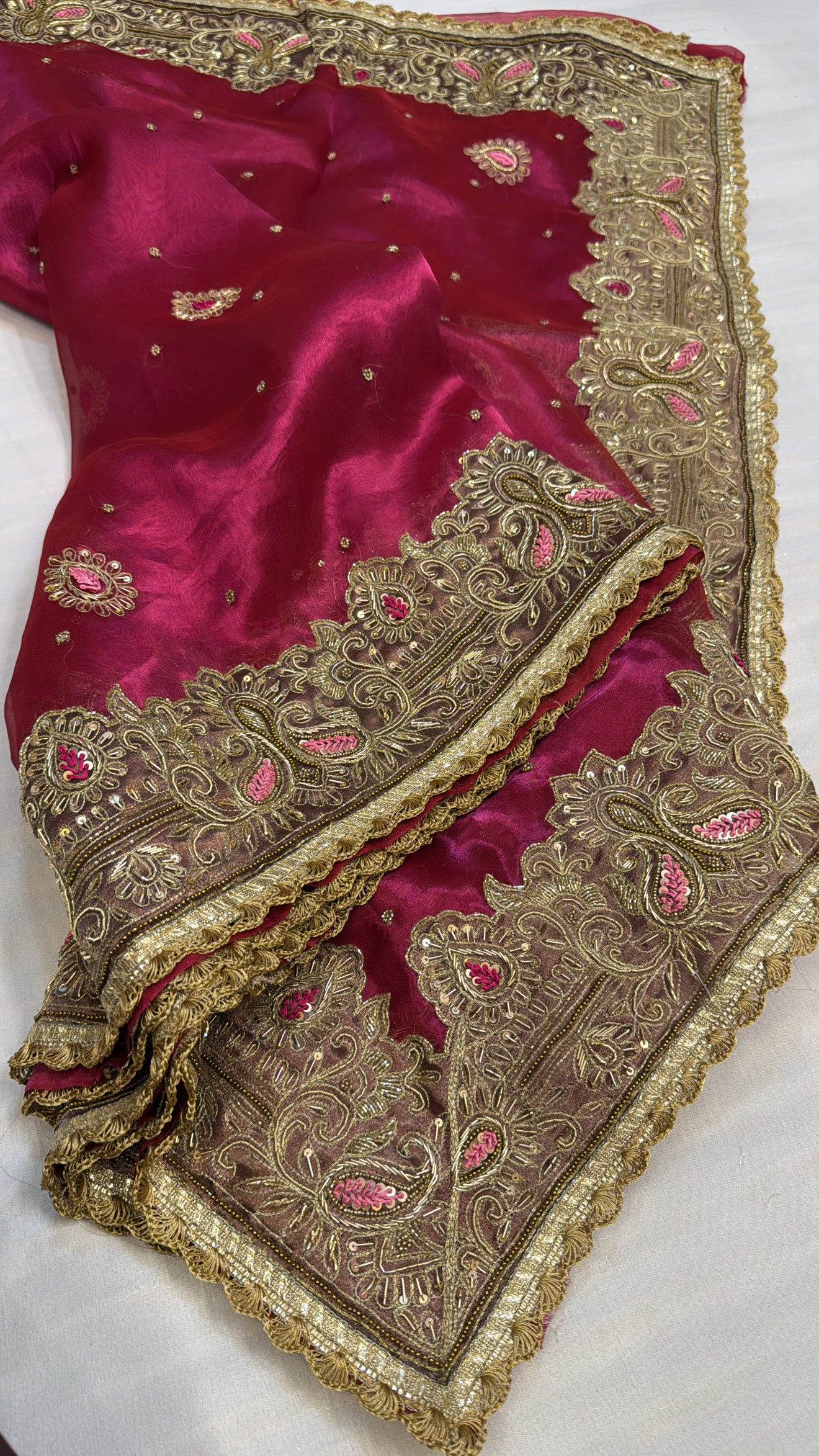 Husn metallic pink heavy zardozi border tissue silk hand embroidered saree