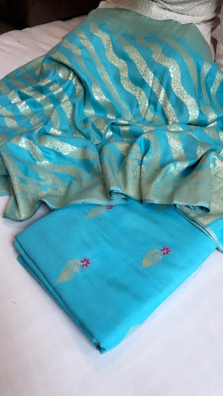 Aasmani blue moonga silk meenedar jaal suit set