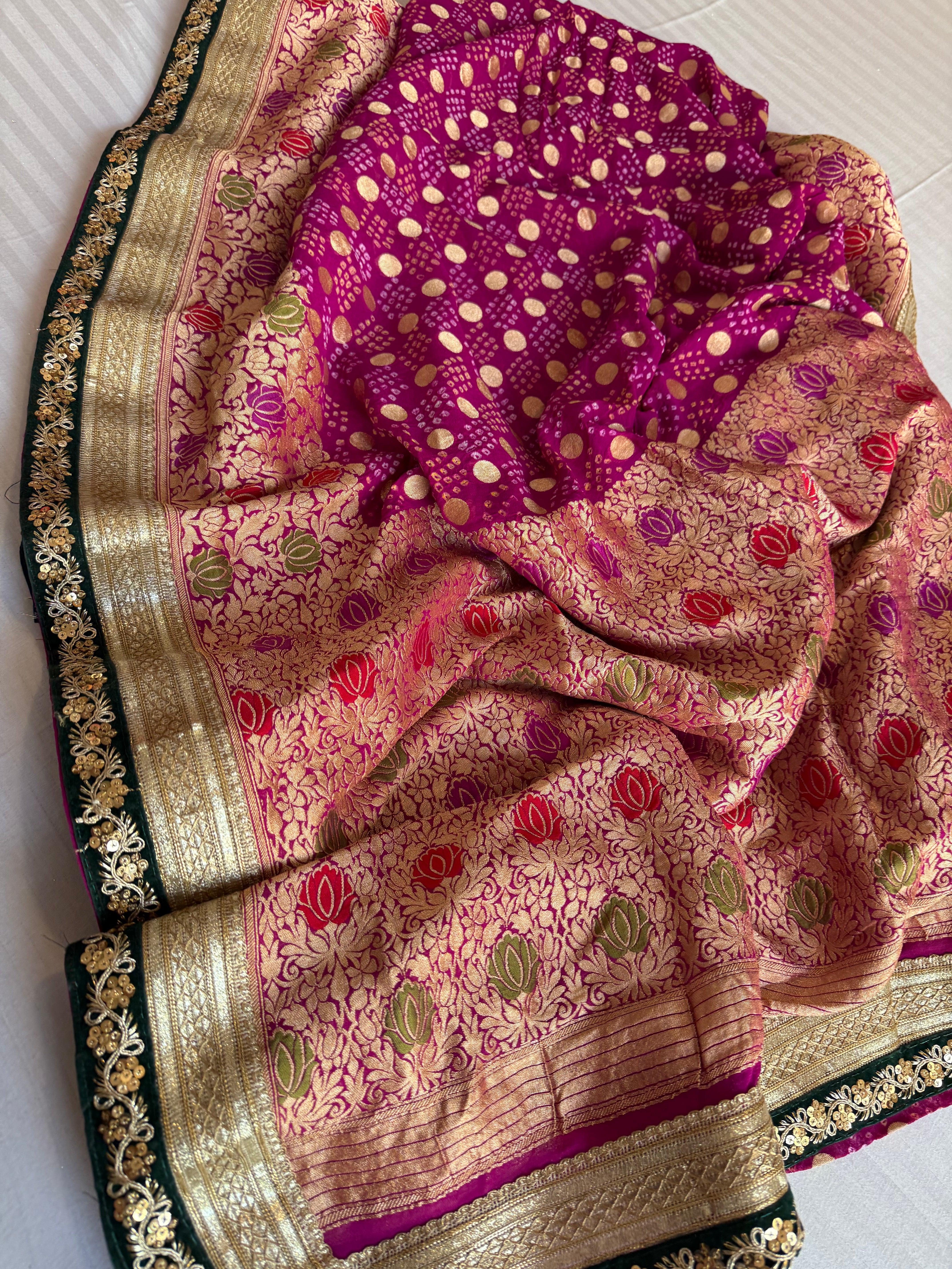 Magenta purple banarasi bandhej gorgette kadhwa meenakari saree