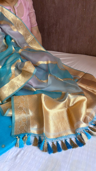 Ice water blue rangkaat moonga silk kurta paired with kora silk duppata and bottom set