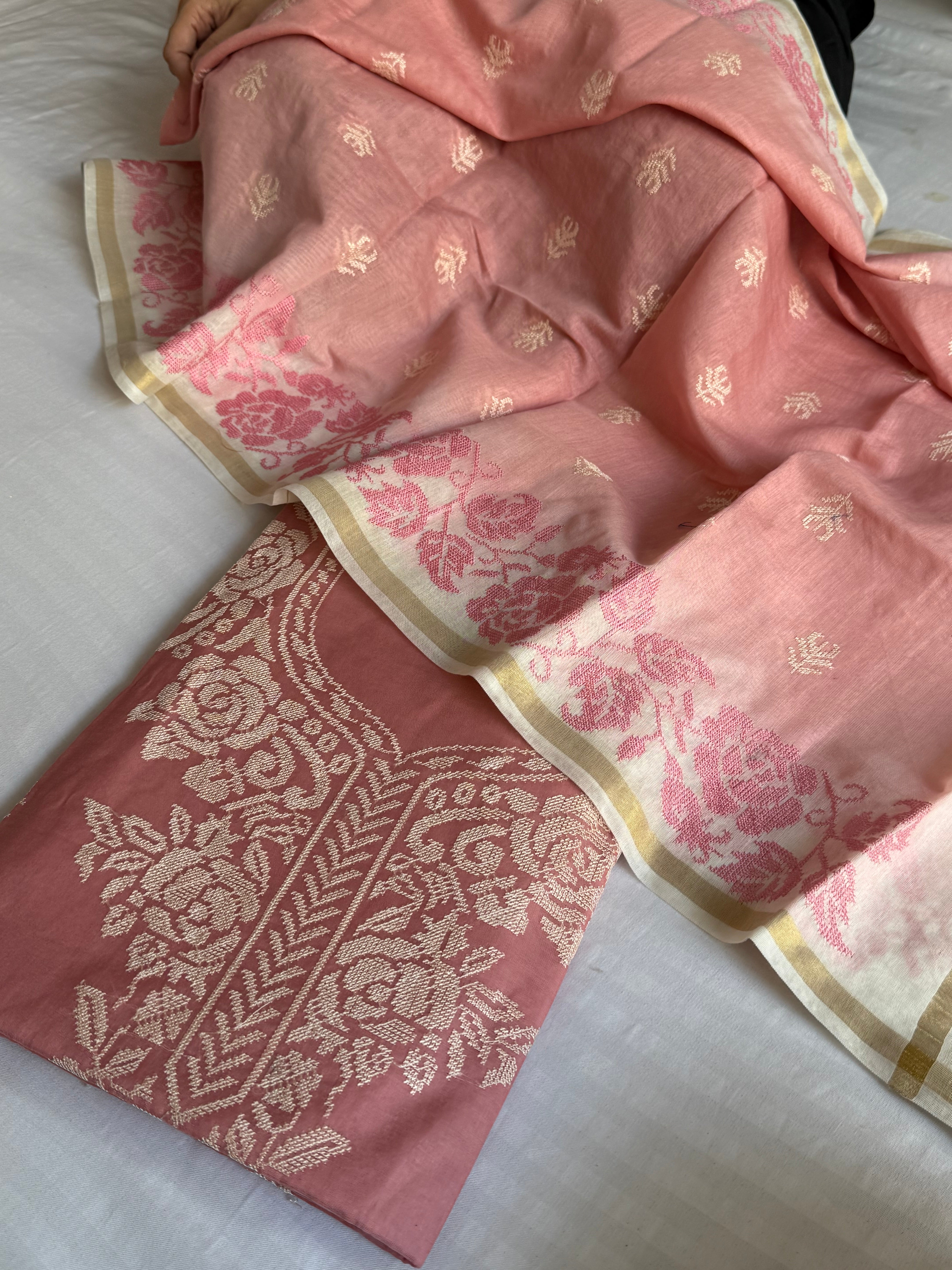 Rose peach mul cotton cross-stitch hand embroidered kadhwa suit set