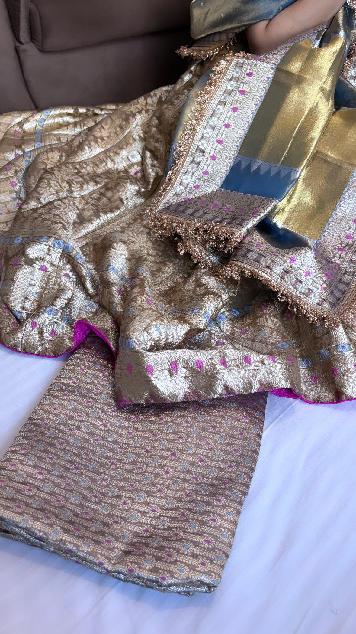 Blueish gold tissue silk kali wale lehenga