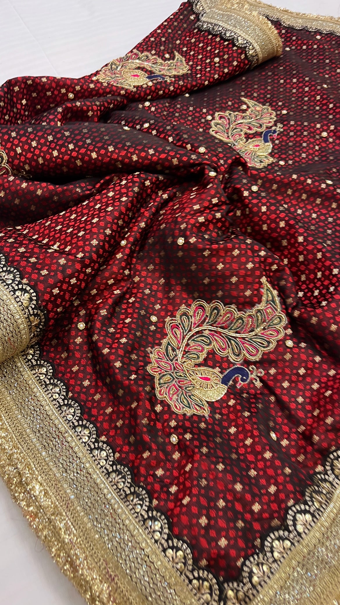 Husn maroon mashru tanchoi silk hand embroidered kadhwa saree
