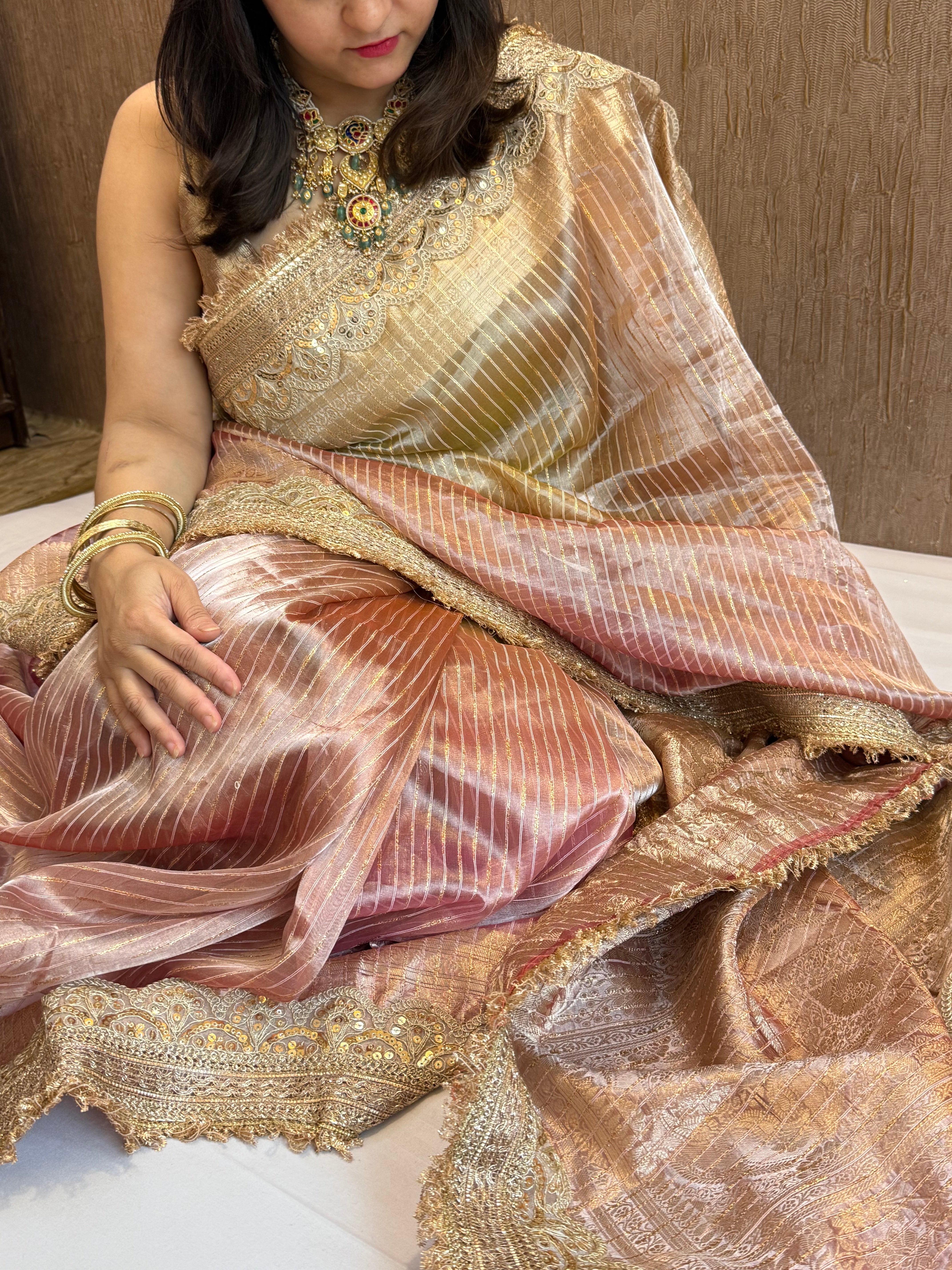 Maharani rang birangi tissue silk zari striped kadhwa saree