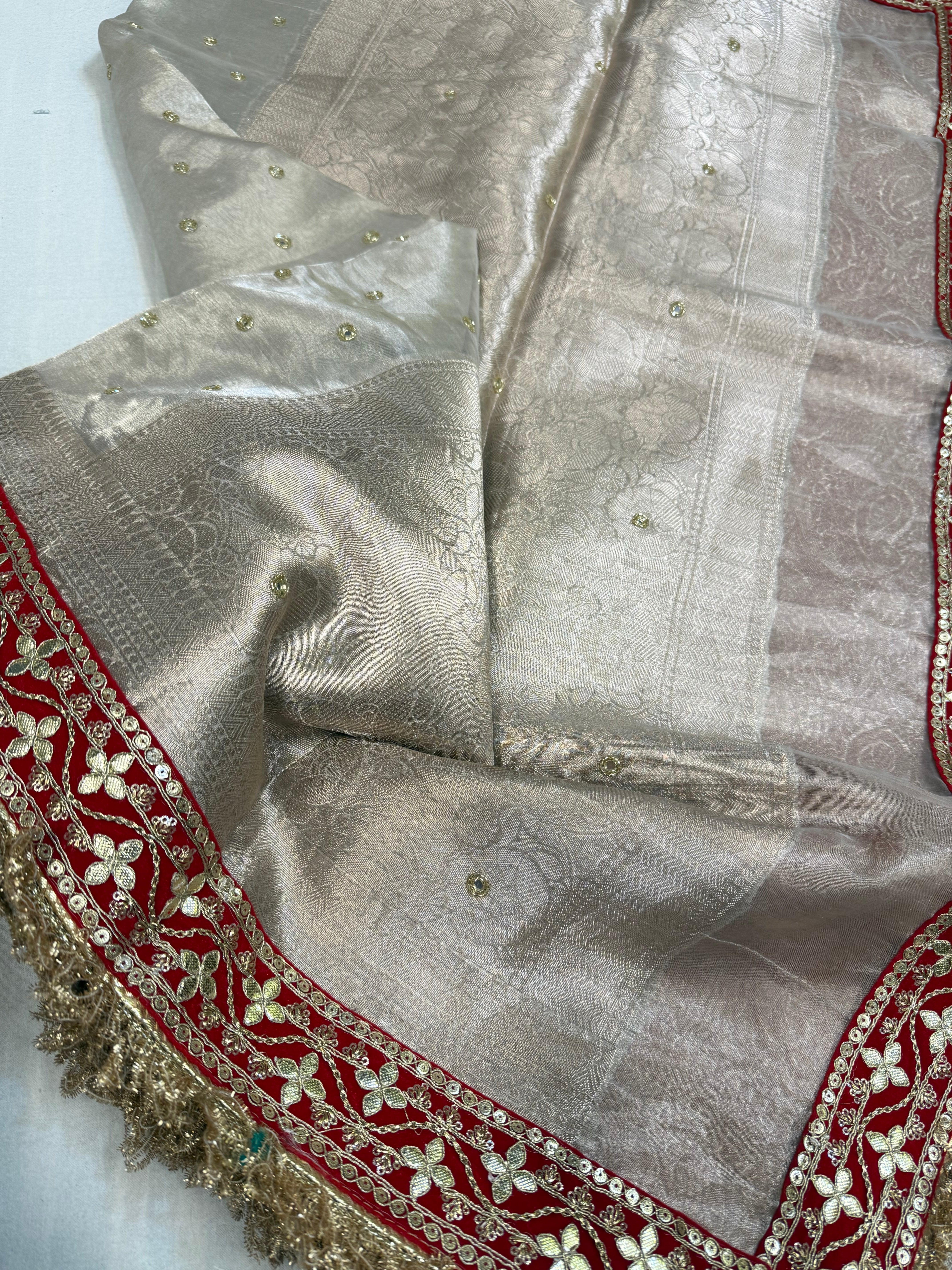 Diamond tissue silk chunri buti hand embroidered panetar saree