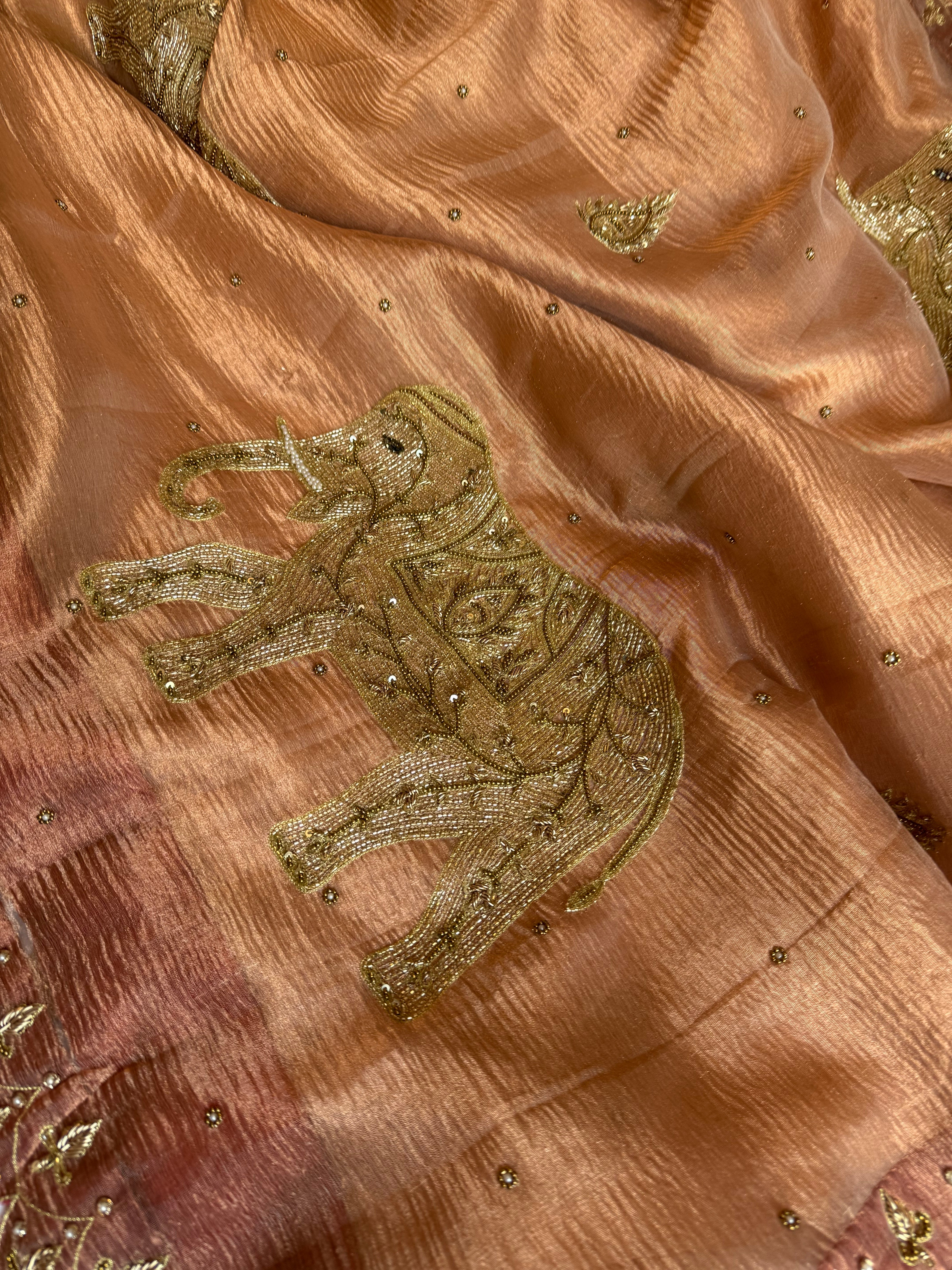 GajGamini copper crushed tissue silk elephant motif meenekari heavy hand embroidered saree