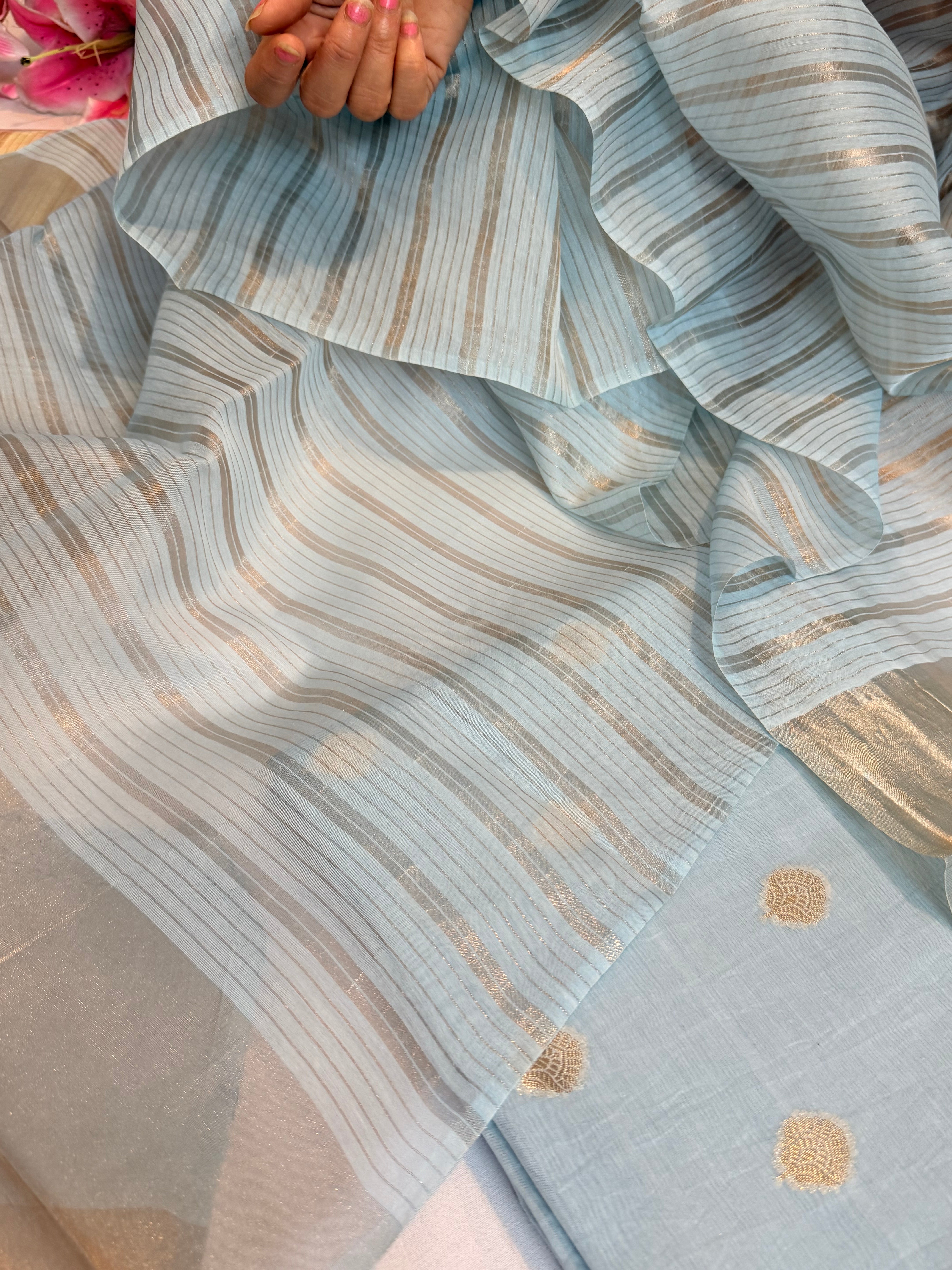 BELOW 8K - Ice blue zari cotton striped kadhwa buti banarasi suit set