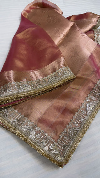 Maharani cherry pink tissue silk  kadhwa saree