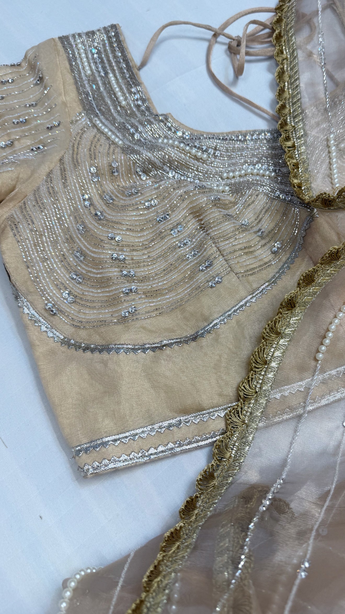 Suhana khan inspired golden pearl work heavy hand embroidered tissue silk saree