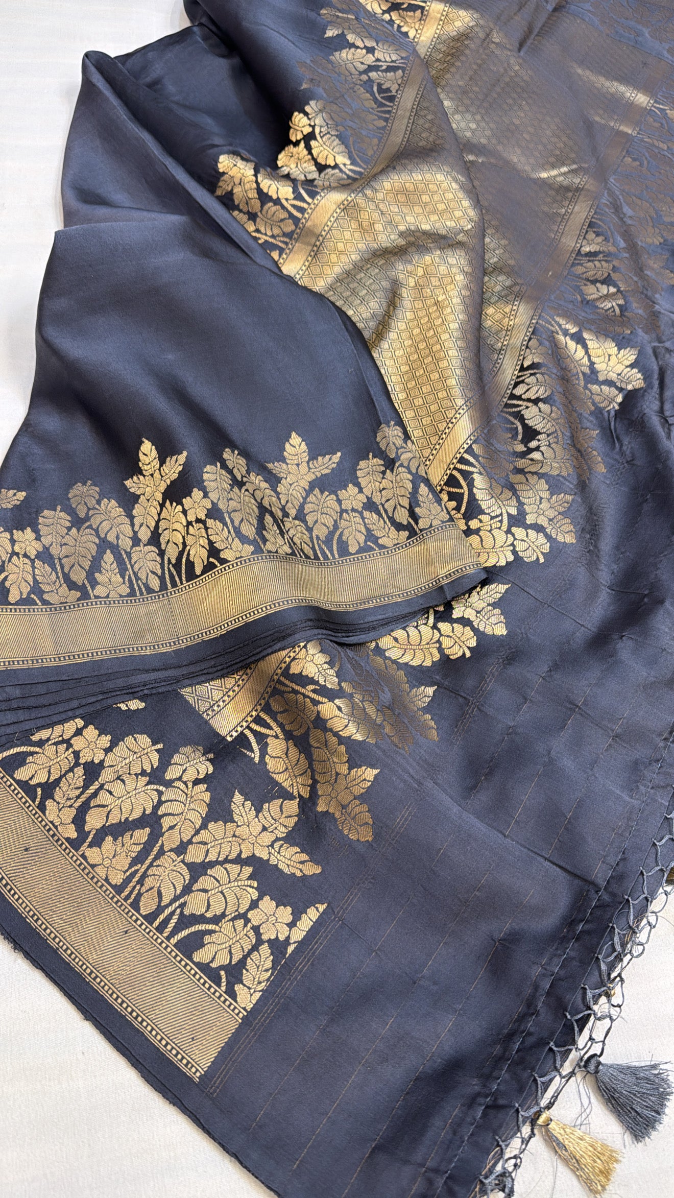 Mashru satin silk english blueish-grey shade banarasi saree