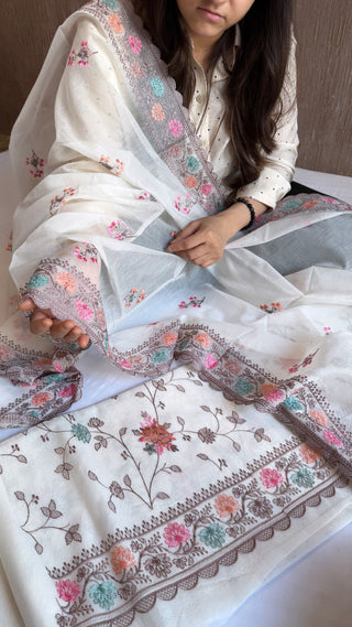 Mulmul banarasi cotton kadhwa resham embroidered soft suit set