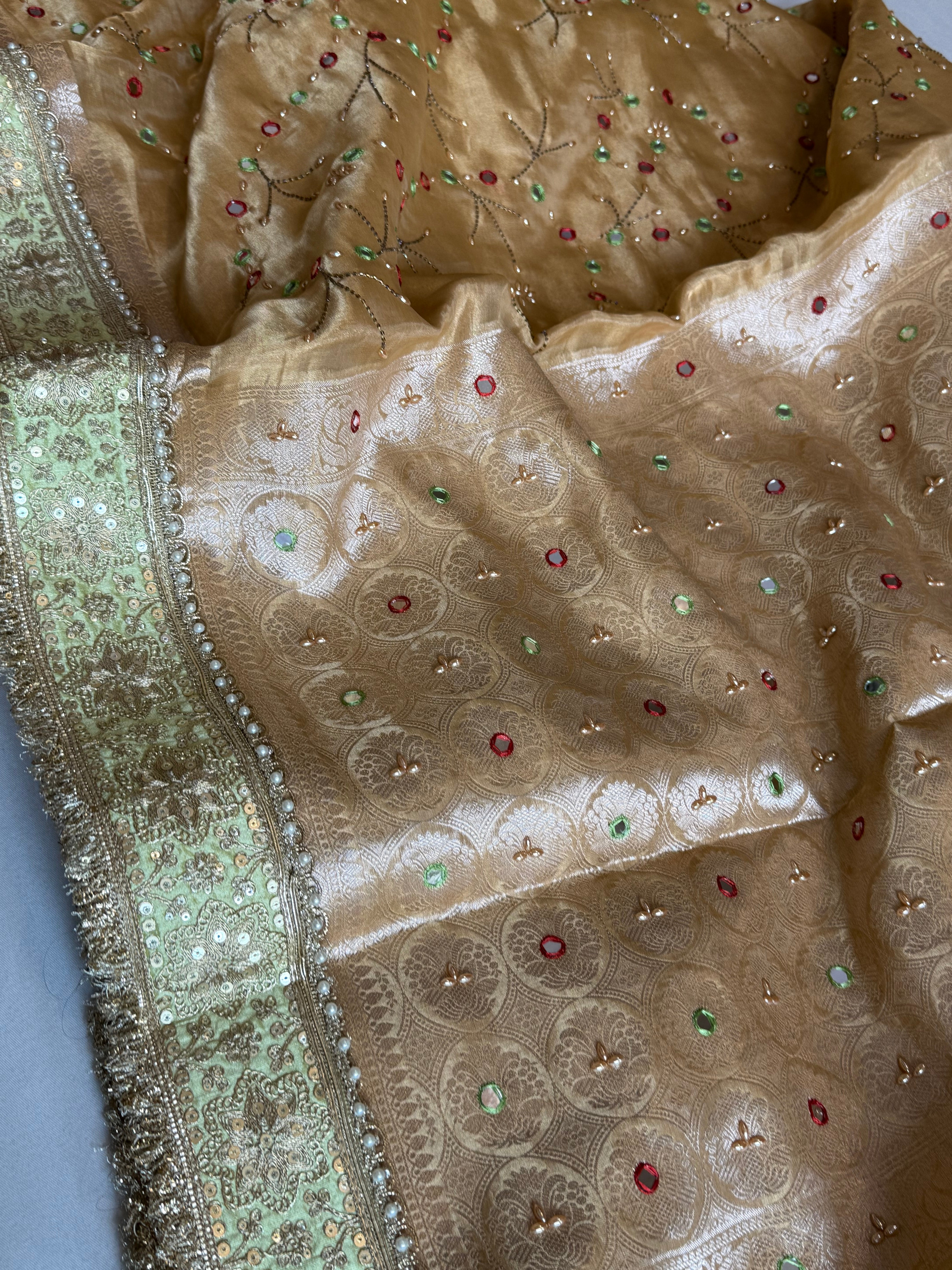 Sheesham edit - Heavy double tissue silk mirror work hand embroidered saree