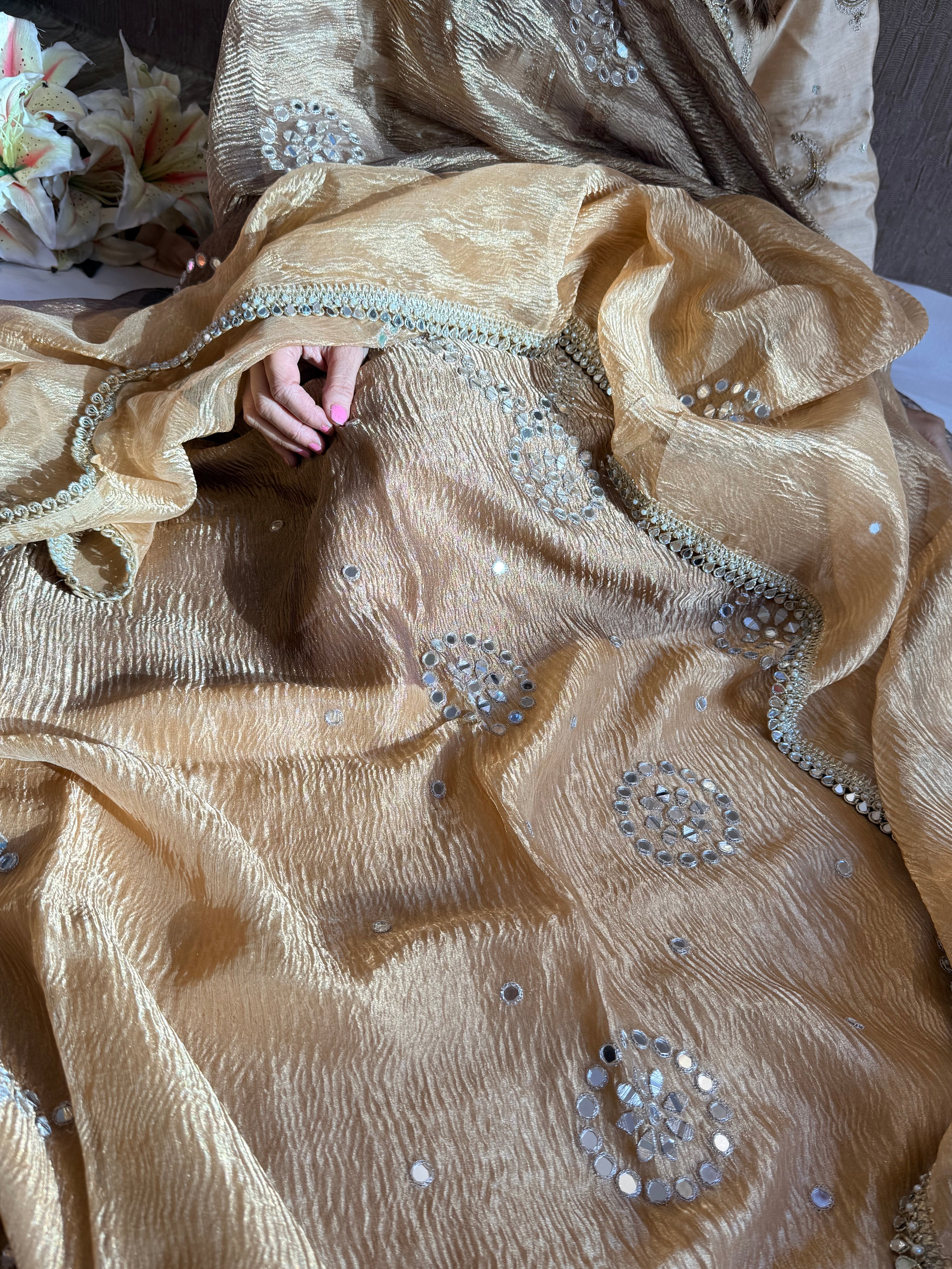 Banarasi tissue silk mirrorwork hand embroidered crushed suit sets