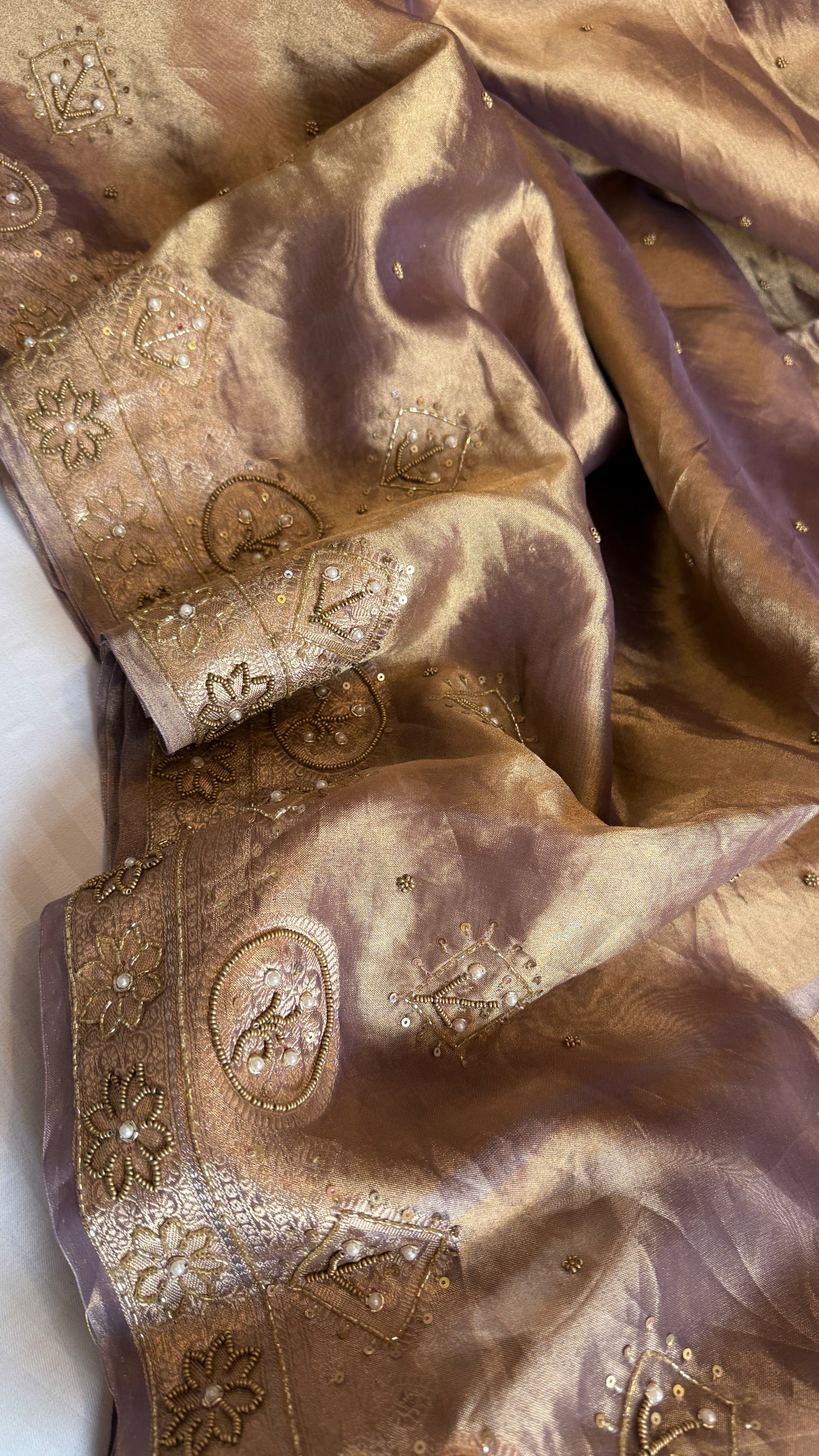 Husn dusty lilac tissue silk heavy hand embroidered saree