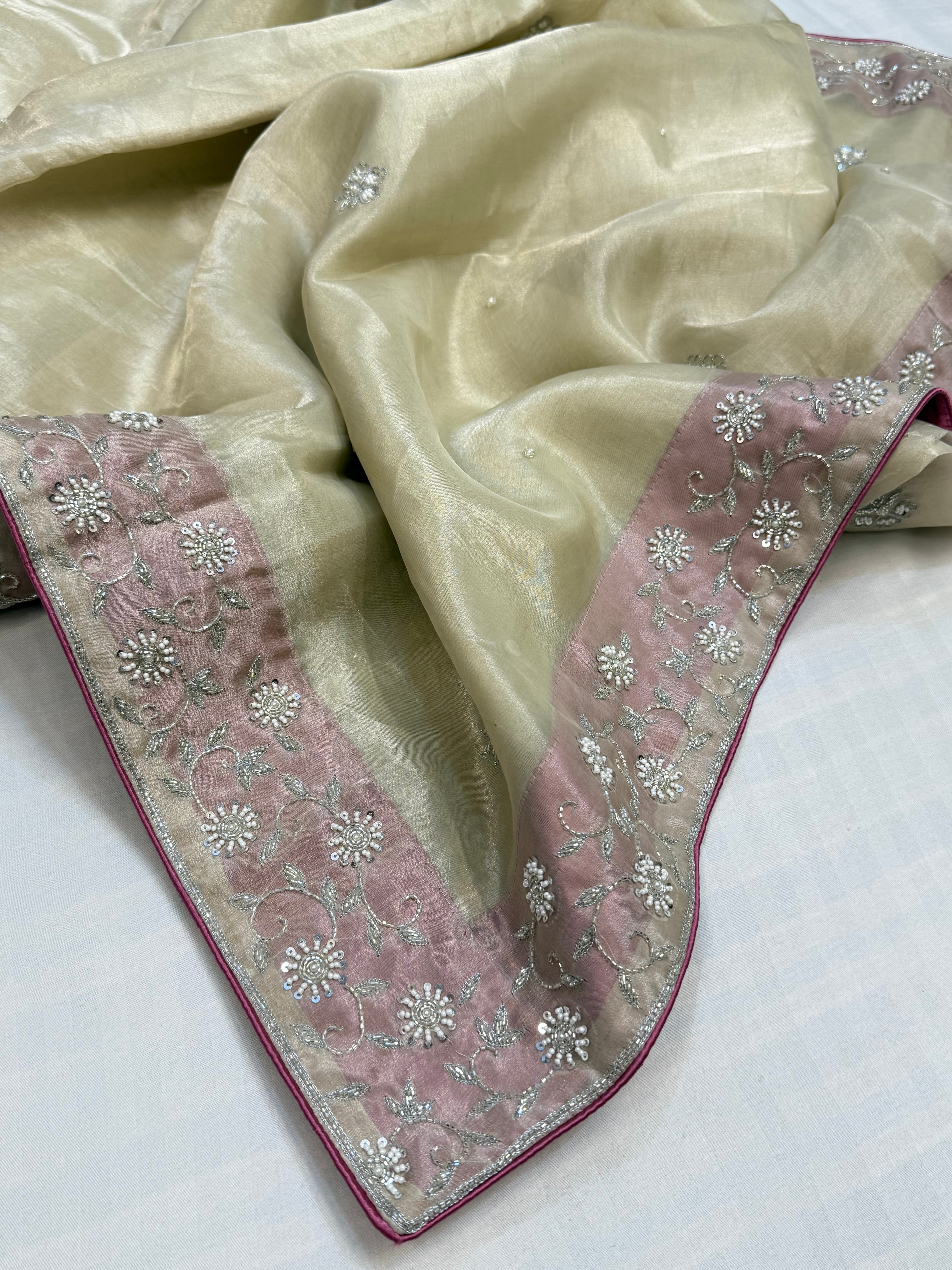 Heere aur moti edit - Ivory pearl work diamond tissue silk heavy hand embroidered saree