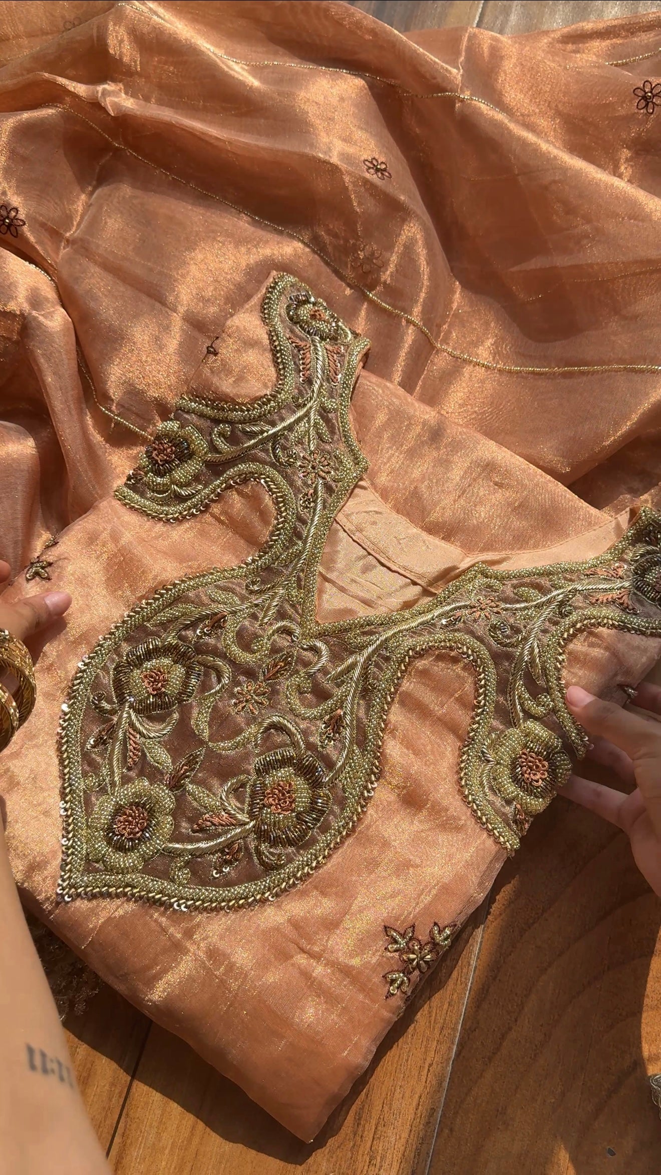 Pakeeza inspired copper tissue silk heavy zardozi work suit set