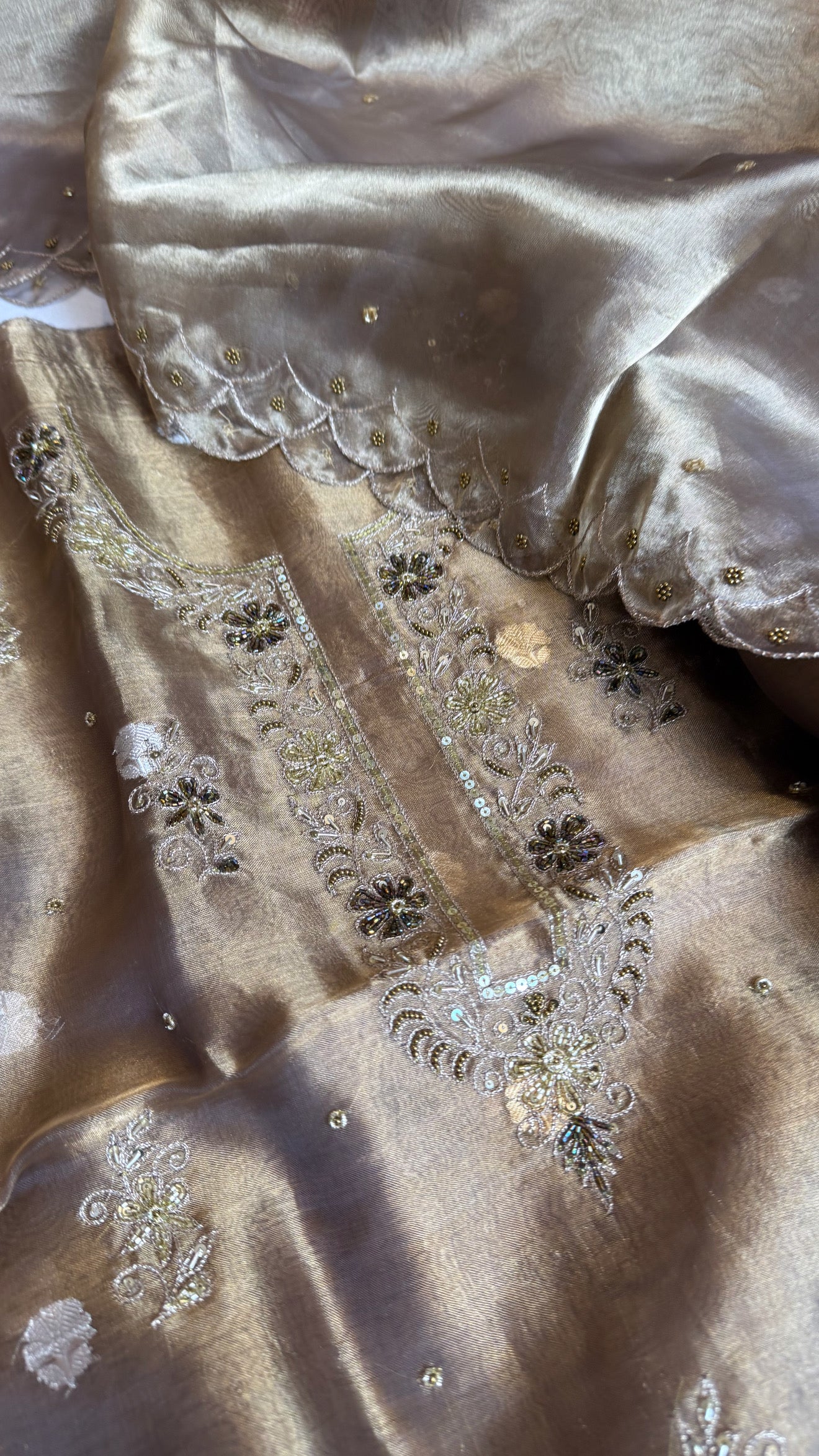 Maharani tissue silk hand embroidered kadhwa suit set