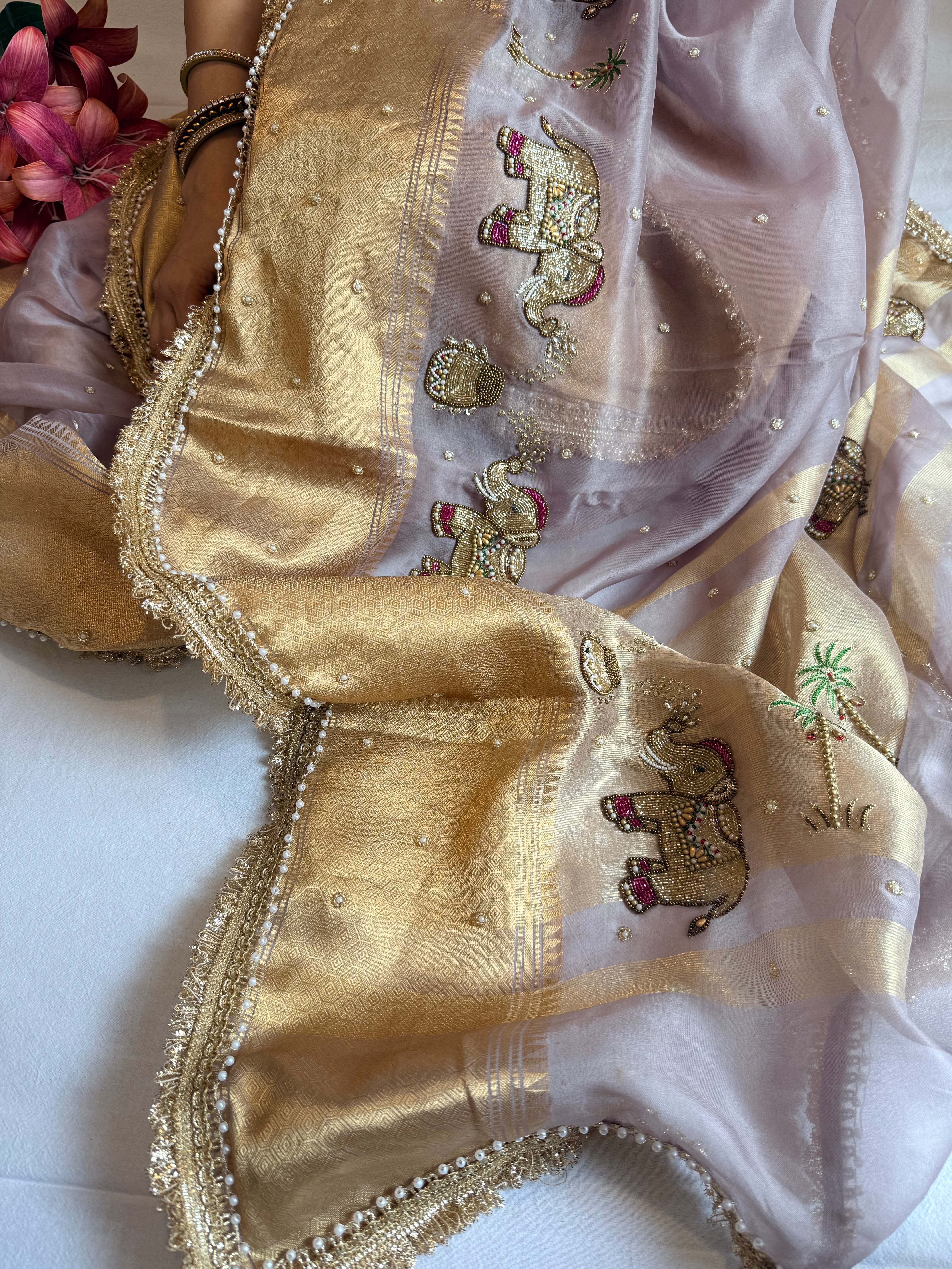 Tyohaar edit - Chap dye kora silk elephant motif hand embroidered saree
