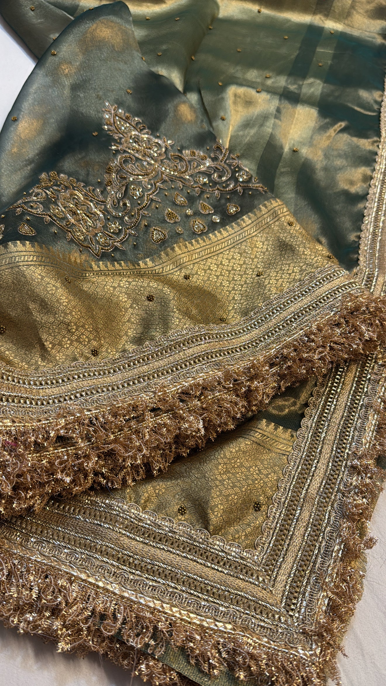 Bottle green tissue silk heavy embroidery kadhwa gotapatti saree