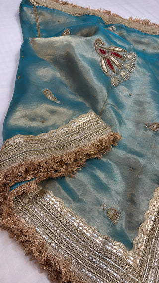 Cocktail wali saree — Aqua blue tissue silk hand embroidered saree