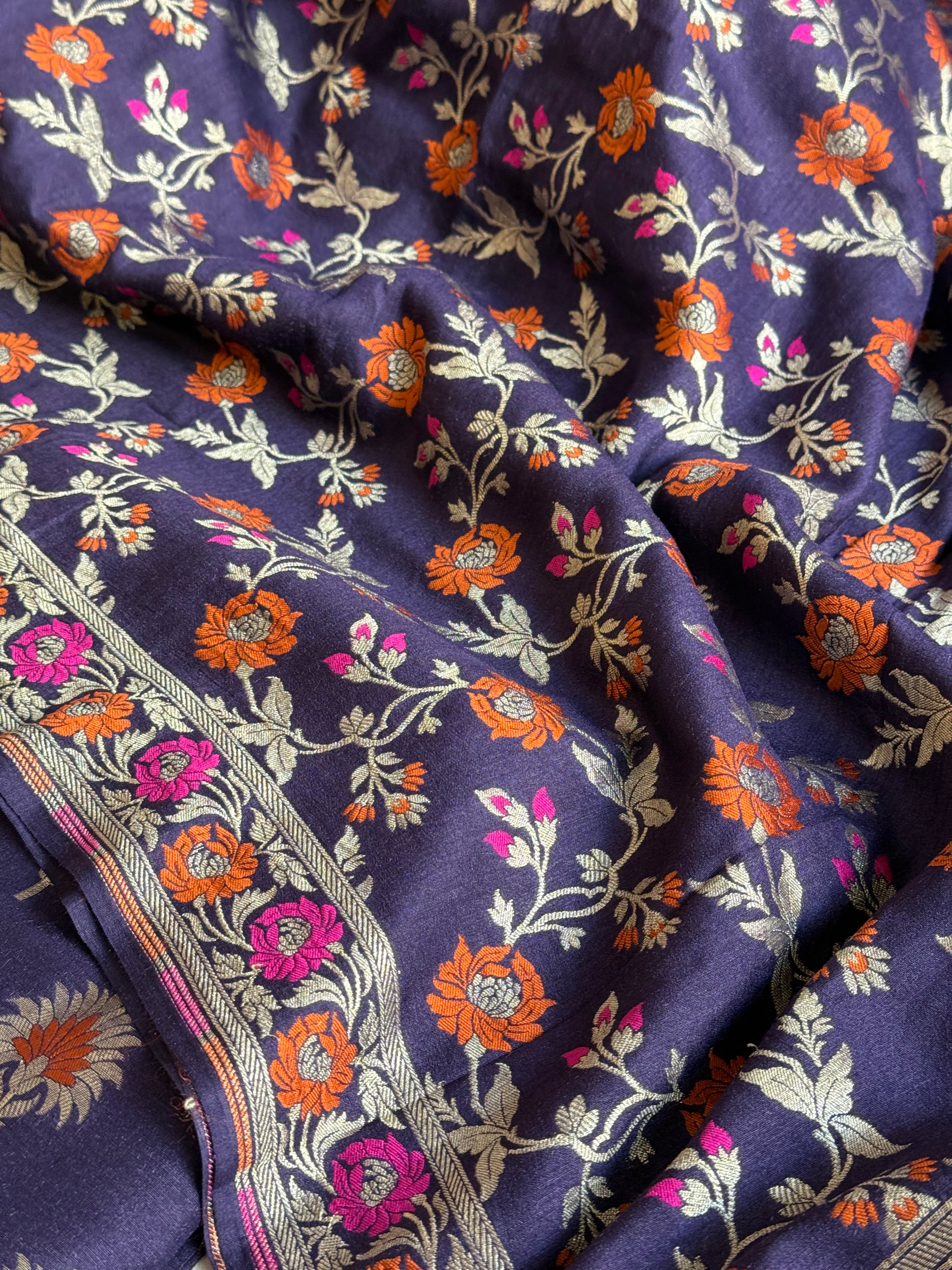 Banarasi moonga silk navy blue meenakari kadhwa suit set