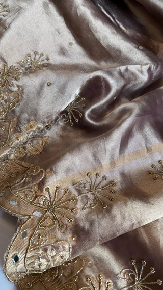 Husn dreamy grey tissue silk heavy hand embroidered saree