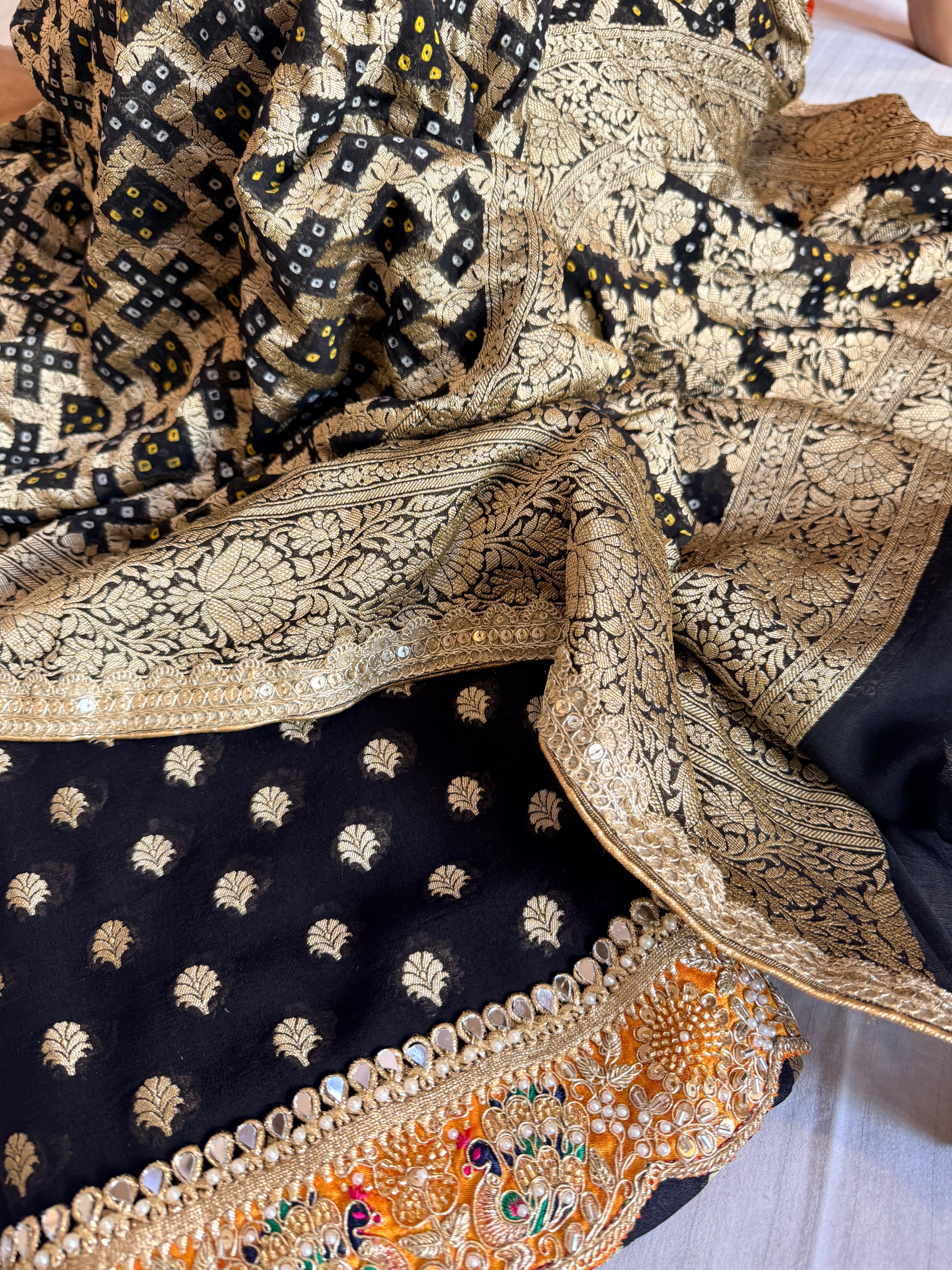 Rai bandhej black banarasi chiffon gorgette gotapatti suits