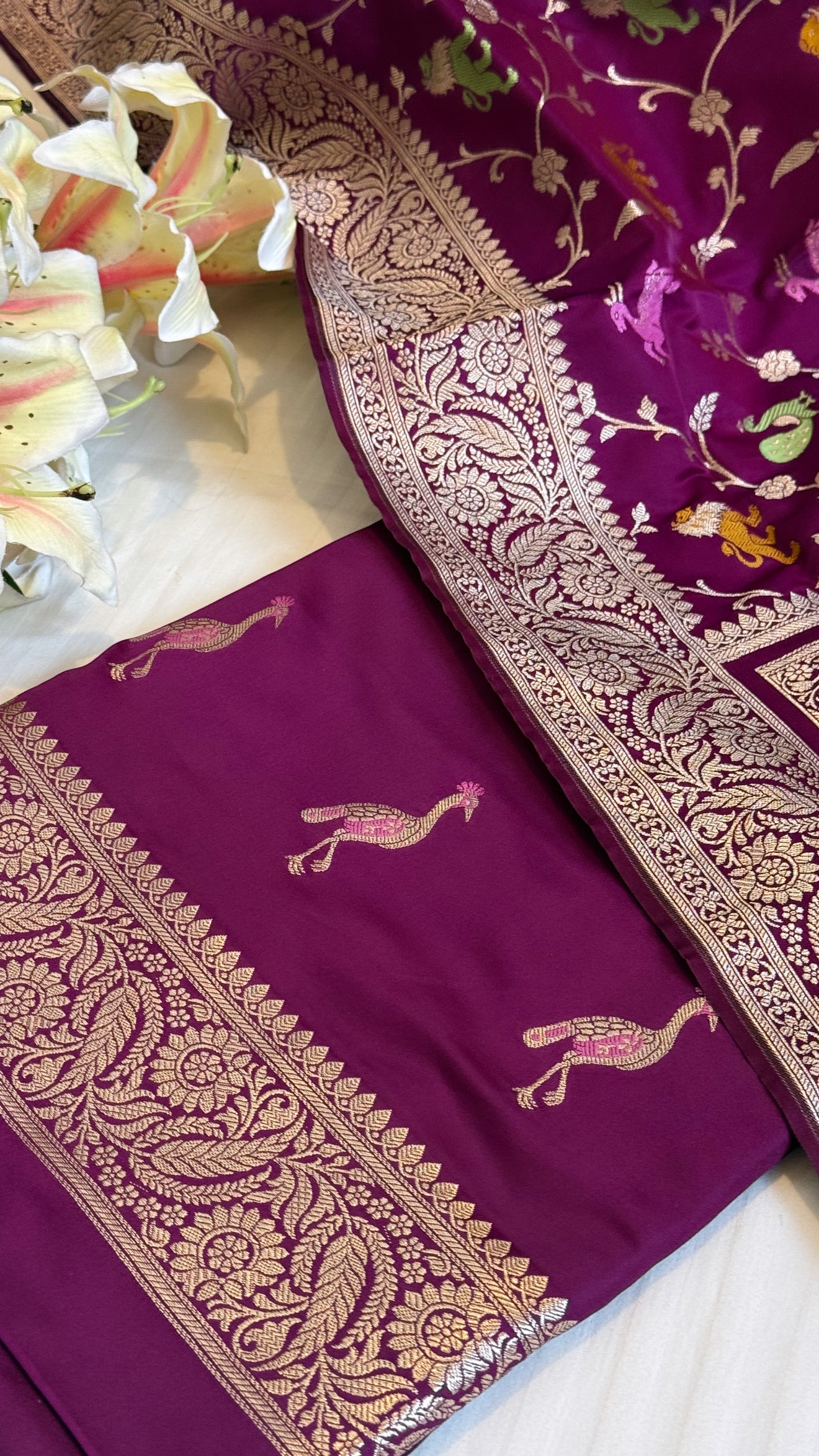 Deep purple mashru satin silk shikargah motif Banarasi silk suit set