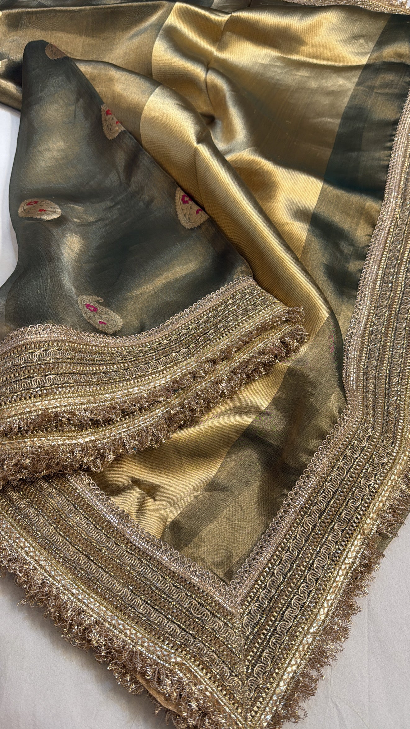 Sage green tissue silk meenakari maharani tissue silk saree