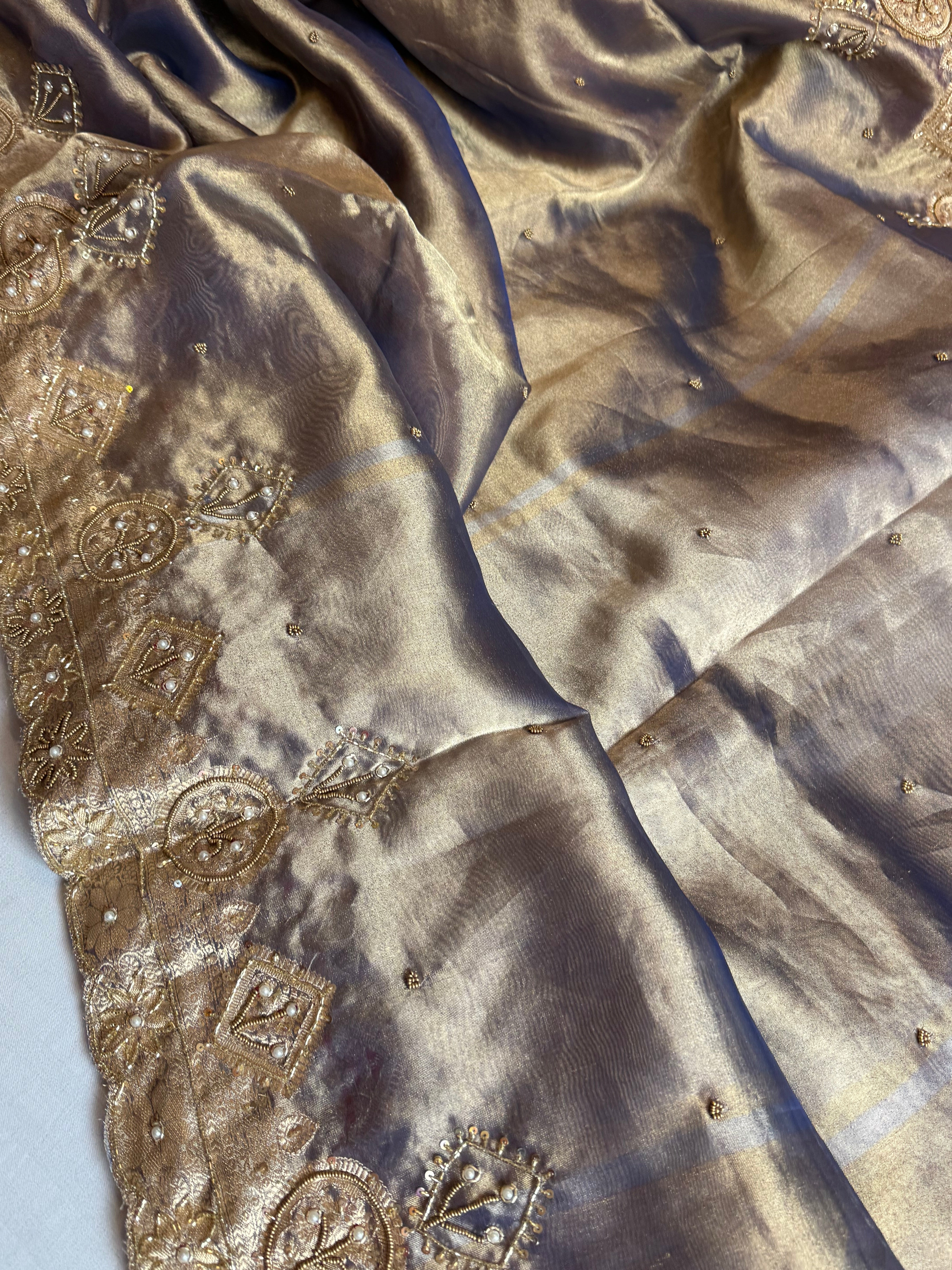 Husn persian blue tissue silk heavy hand embroidered zardozi saree