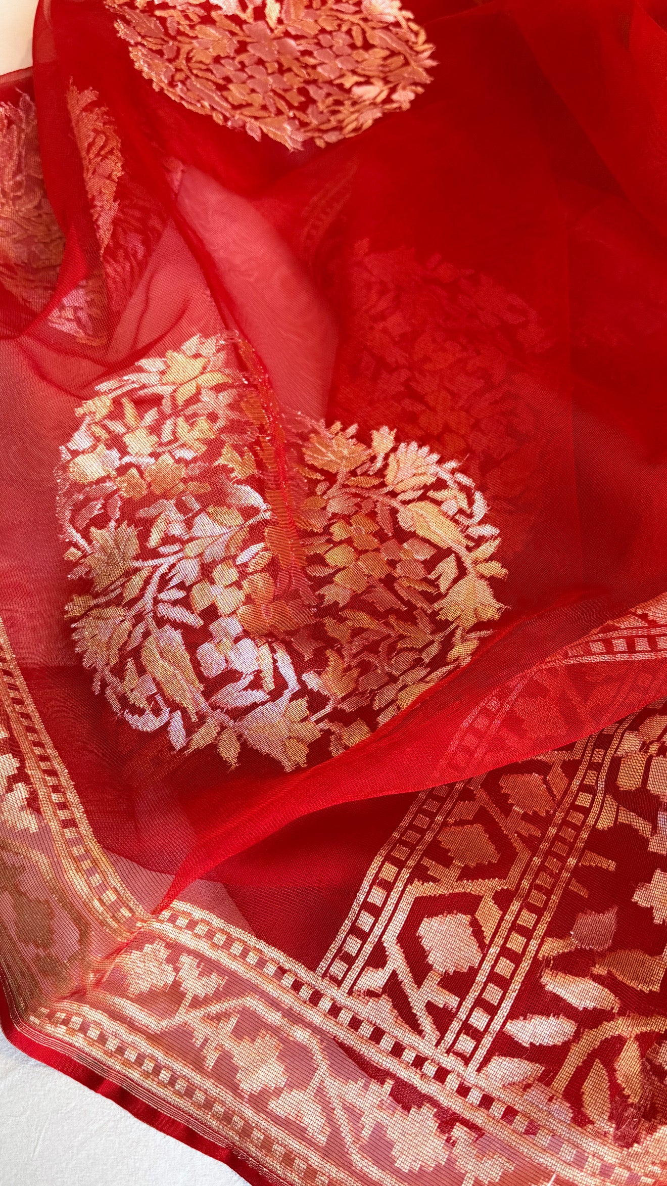 Banarasi silk net edit - Blood red silk net kadhwa sona rupa jamdani saree