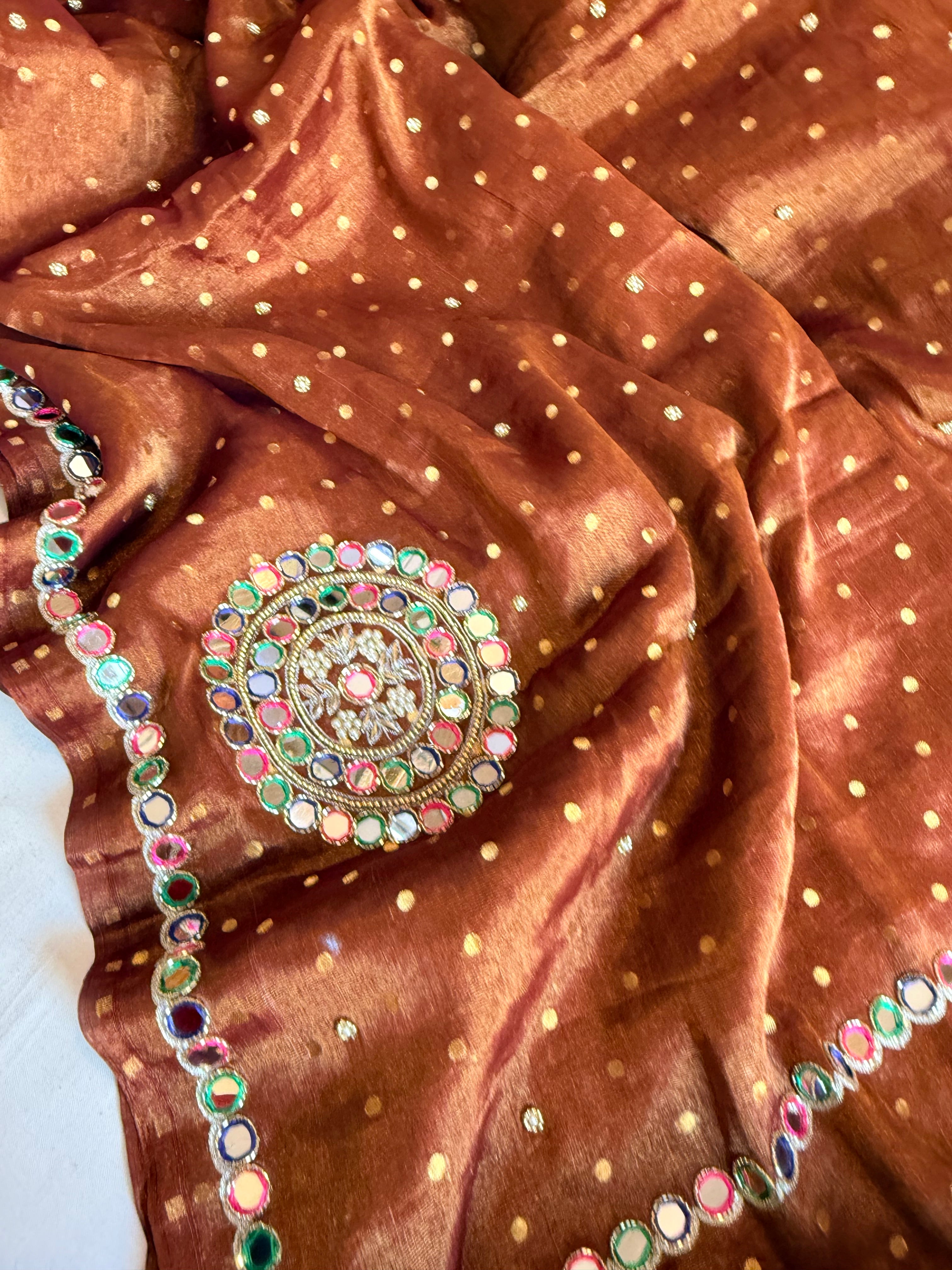 Coffee brown tissue gorgette meenakari mirror work kadhwa banarasi saree