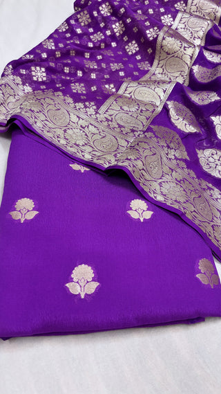 Bright purple banarasi gorgette kadhwa suit set