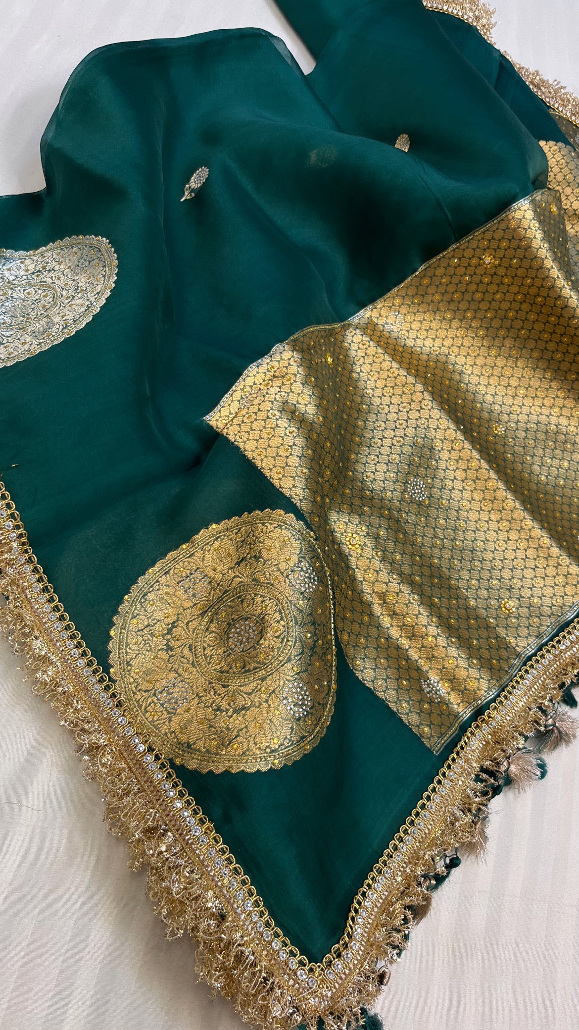Bottle green sitara stonework kora silk saree