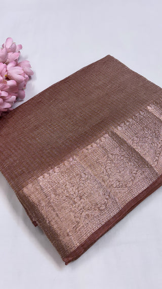 Pure banarasi mud brown crushed tissue silk handwoven kadhwa saree with intricate border and kadhwa blouse