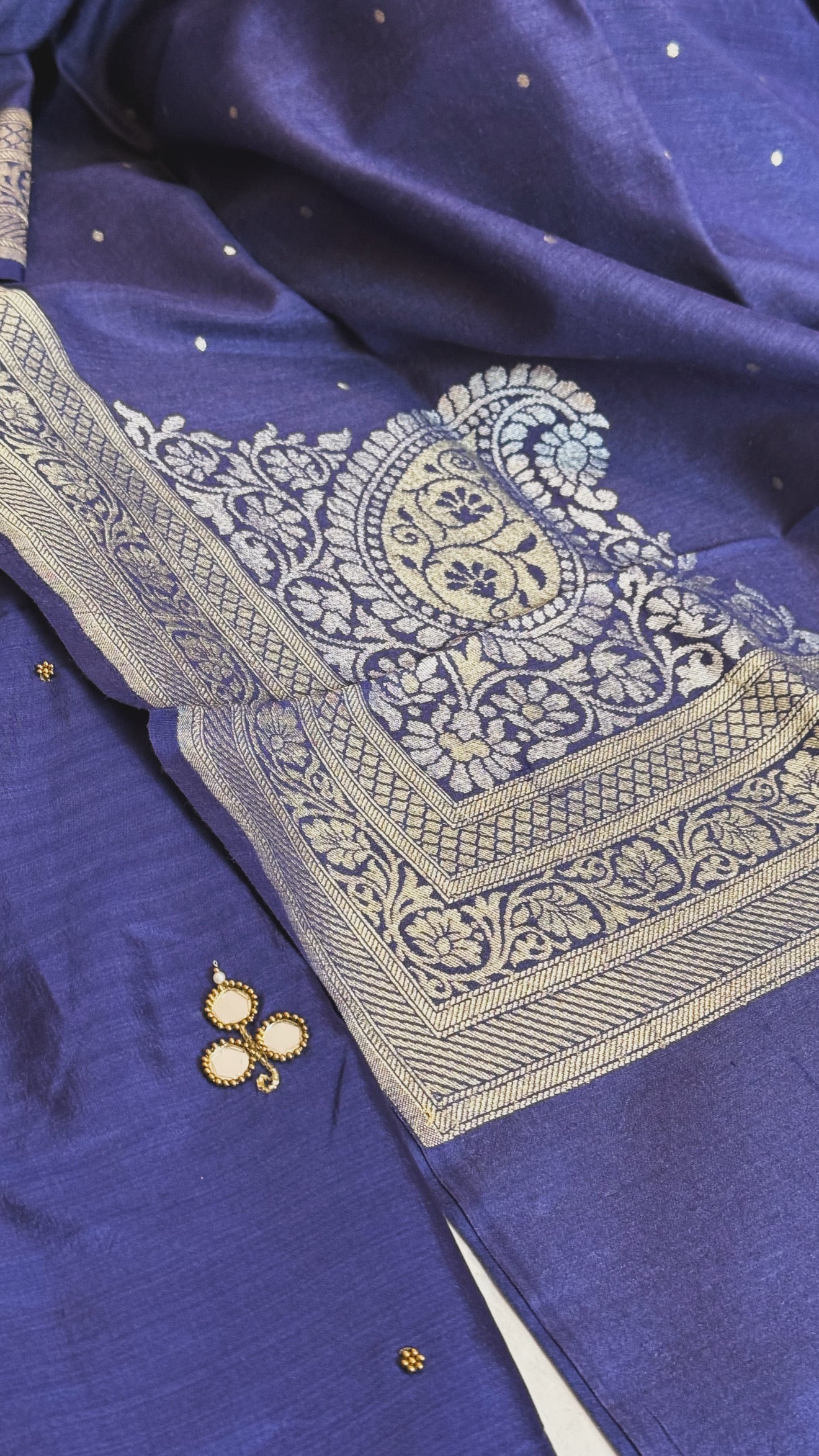 Sheesham navy blue mirror work katan silk kadhwa suit set