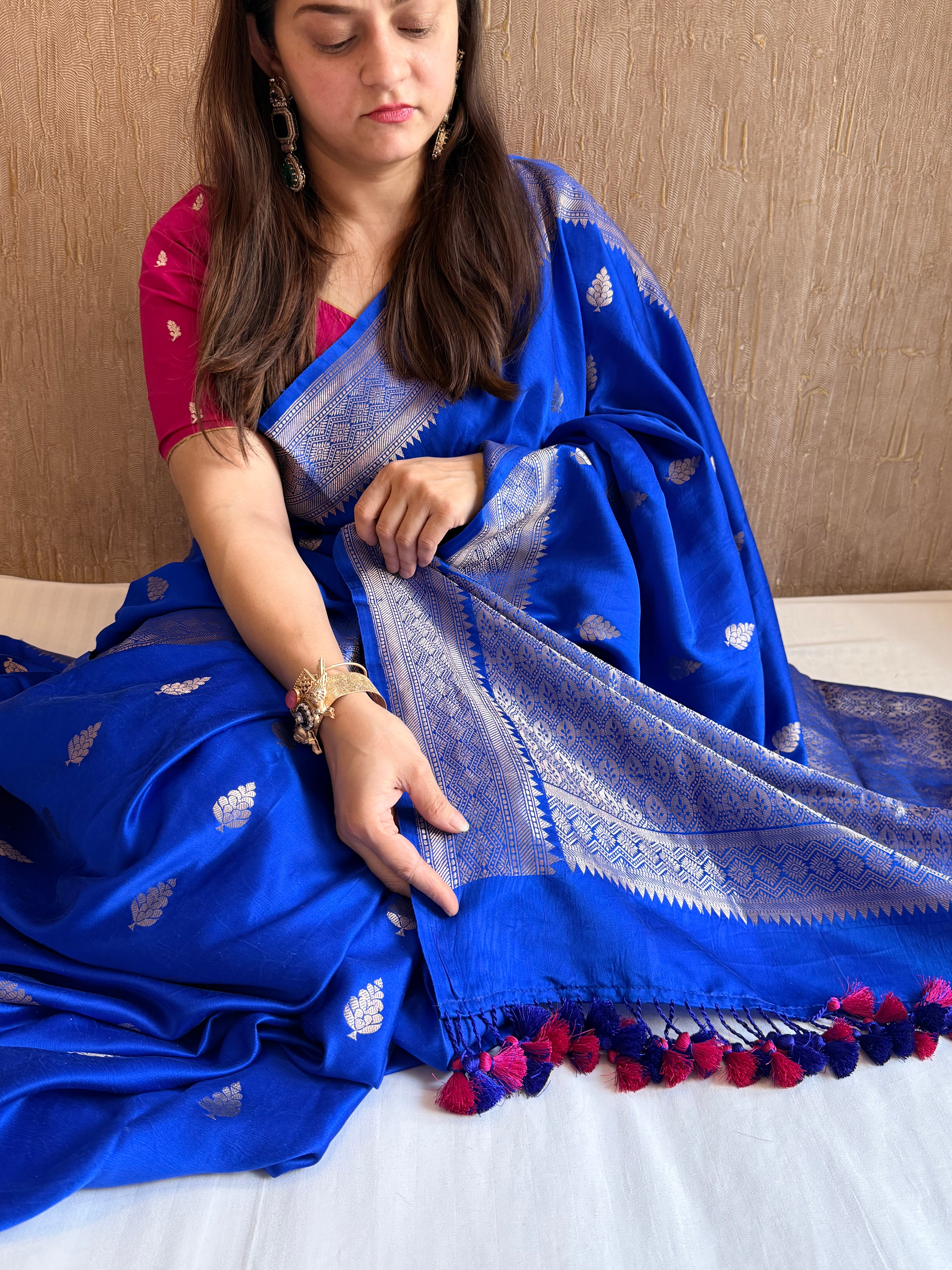 Ink blue banarasi mashru silk kadhwa buti saree