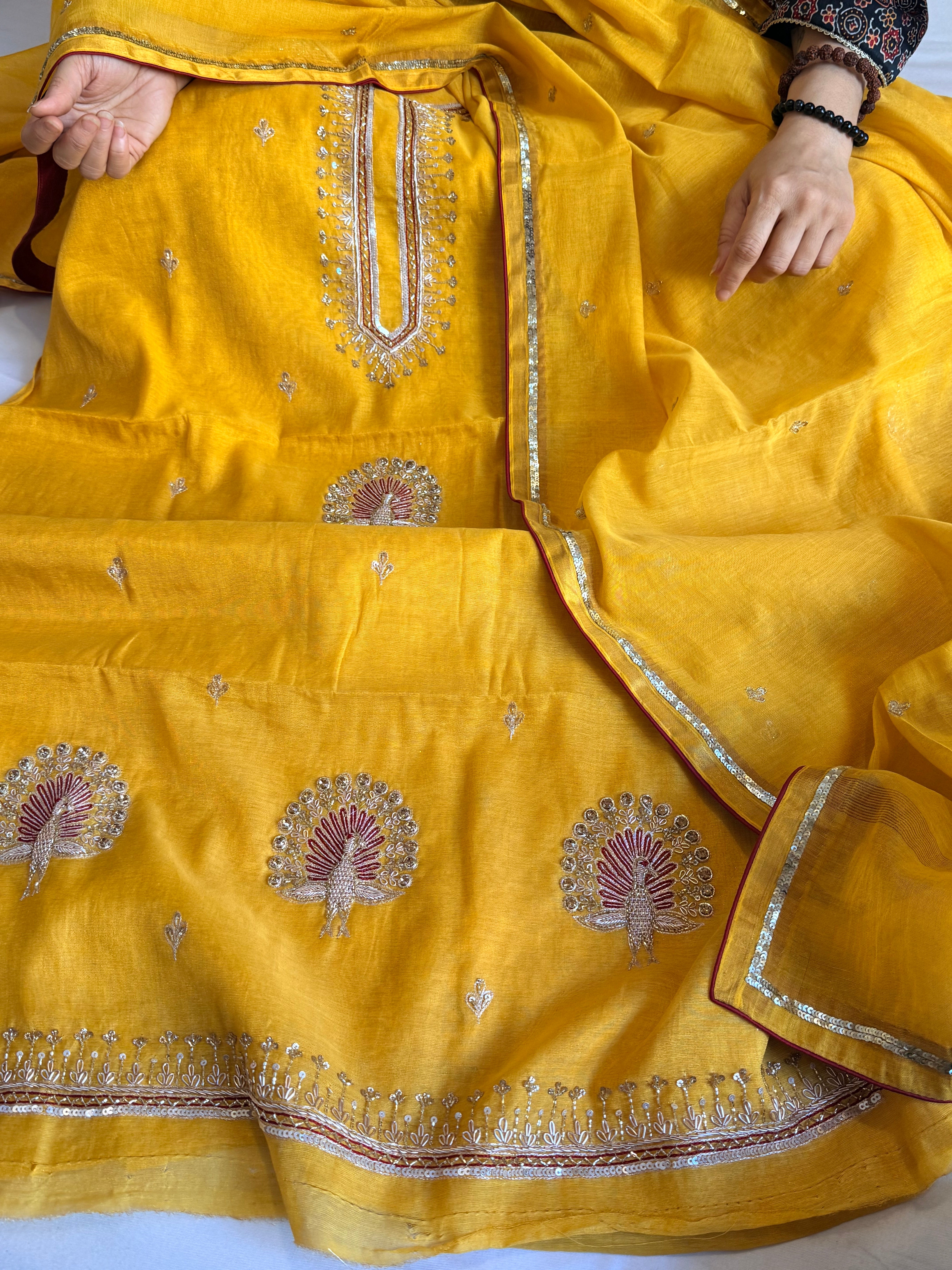 Haldi yellow mul cotton tissue hand embroidered kadhwa suit set