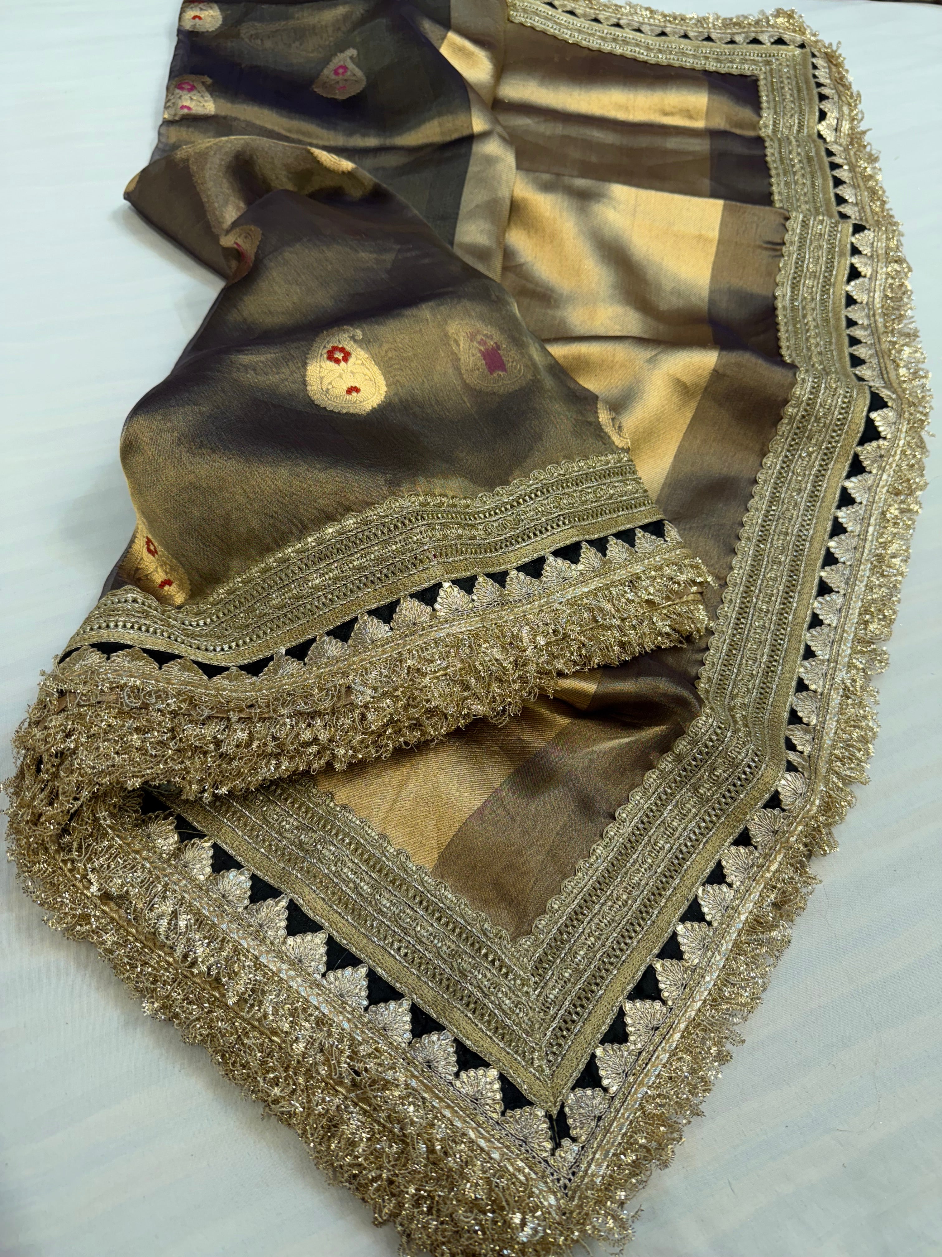 English grey tissue silk meenakari kadhwa buti saree