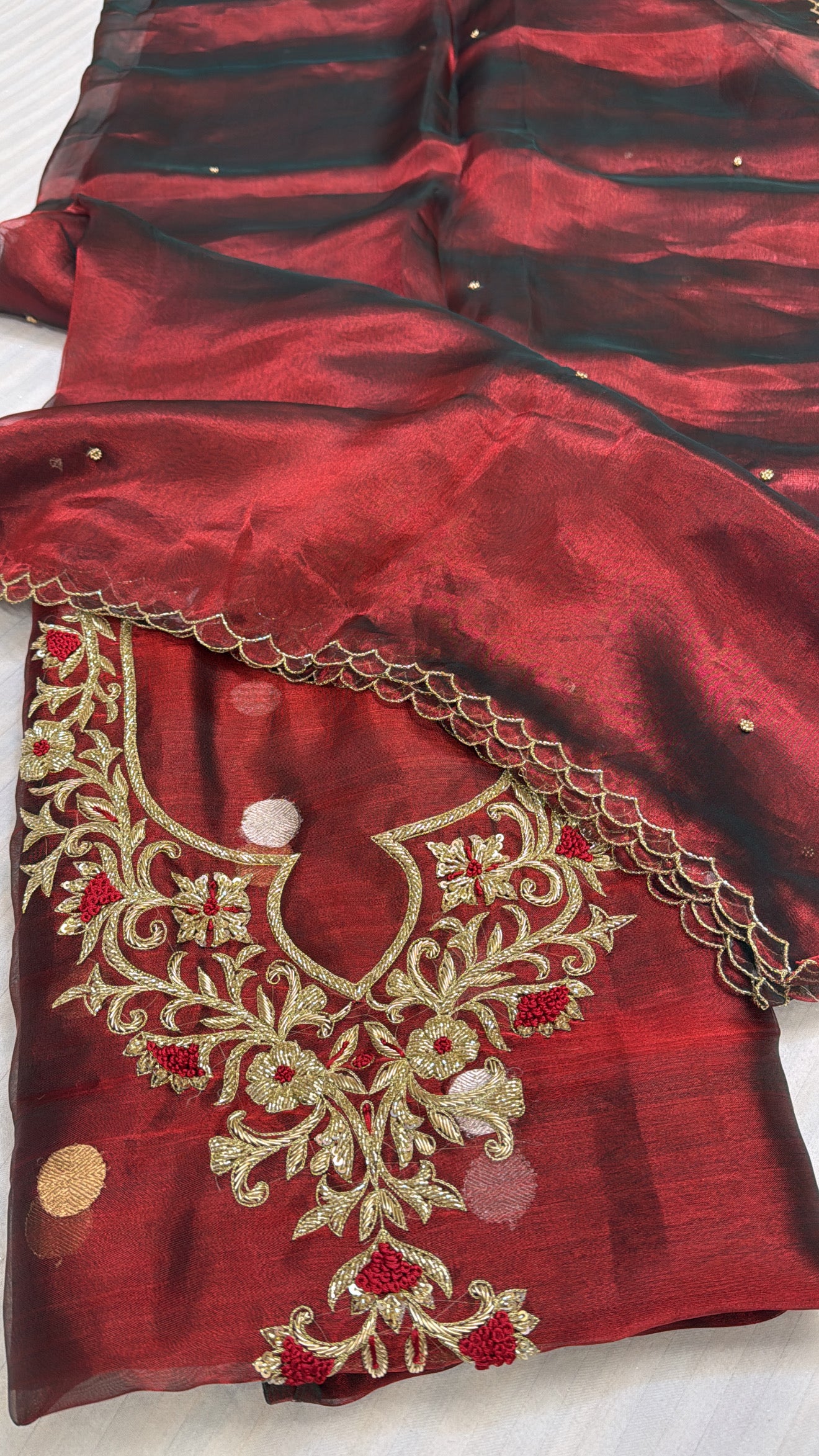 Shagun ke suits - Blood red tissue silk heavy hand embroidered suit sets