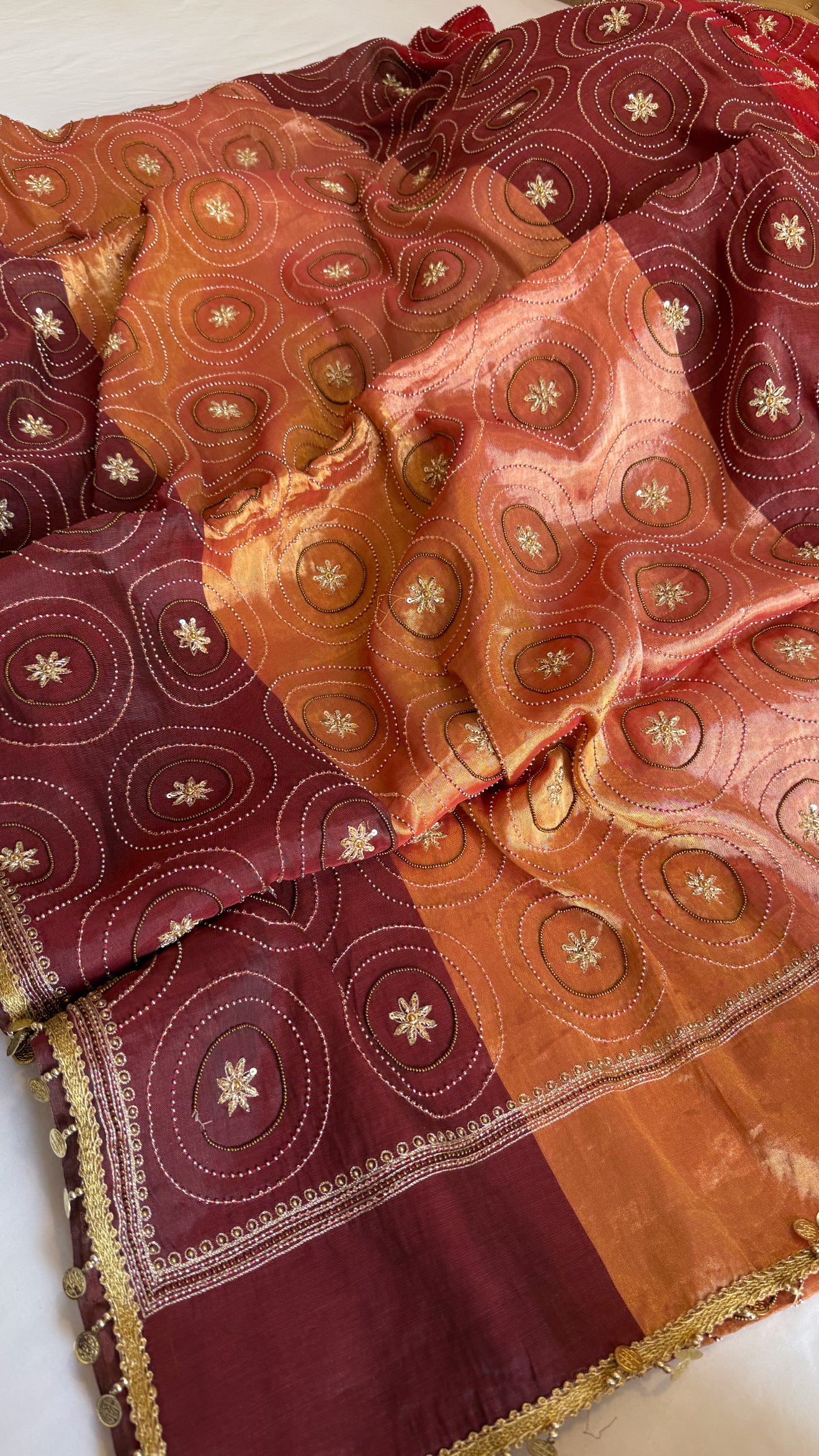 Multicolour double tissue silk heavy hand embroidered kadhwa jaal saree