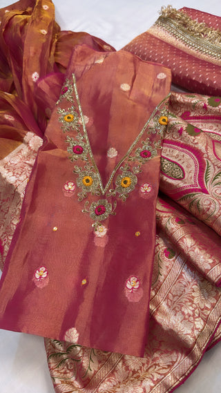 “Kali wala lehenga” — Rani pink semi stitched pure banarasi tissue silk lehenga set