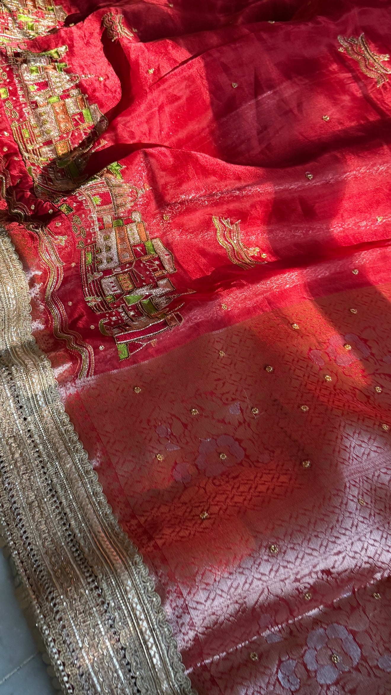 Teej Special - Blood red banarasi ghat hand embroidered tissue silk saree