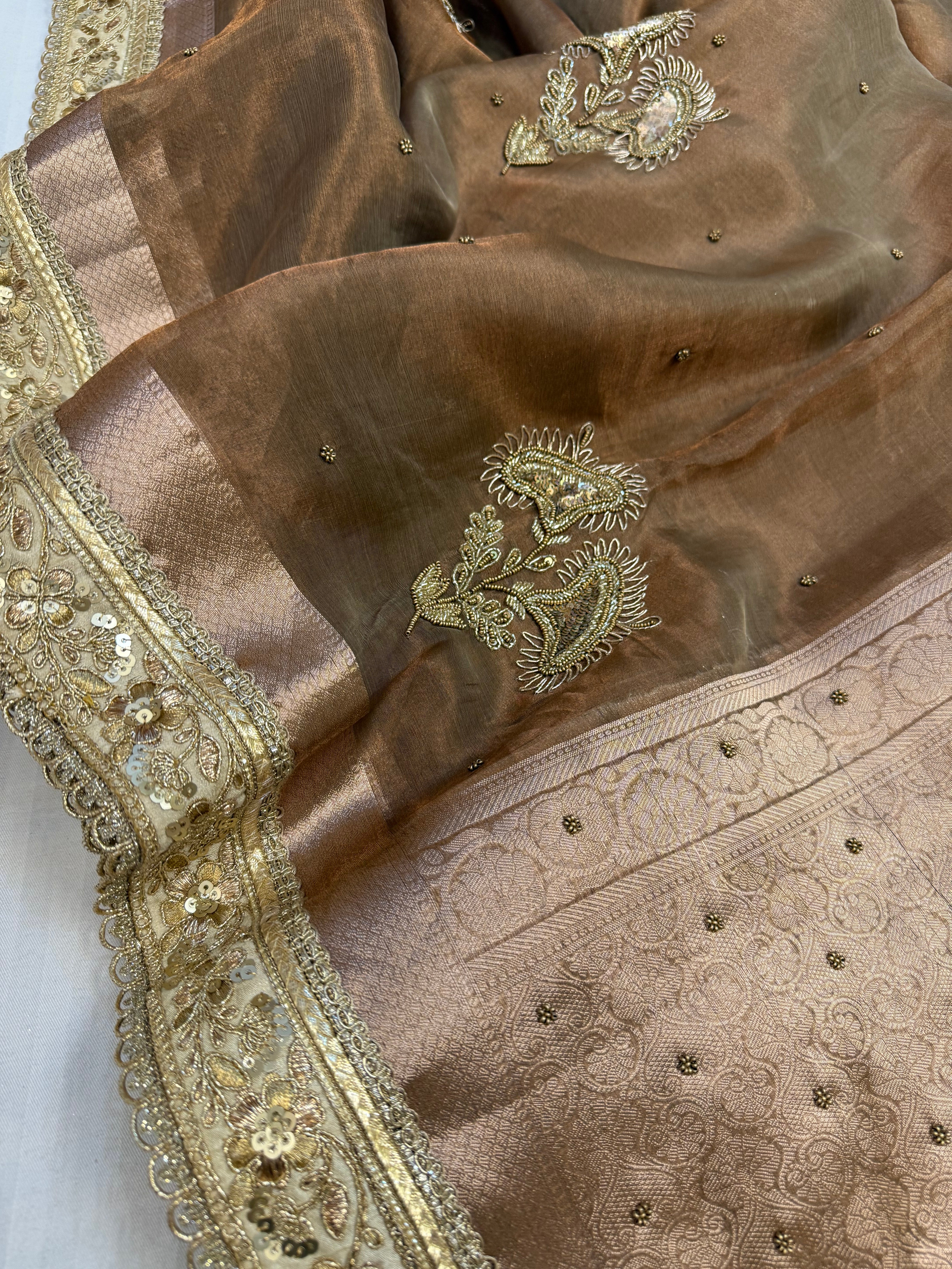 Cocktail wali saree - Dusty beige tissue silk heavy hand embroidered saree