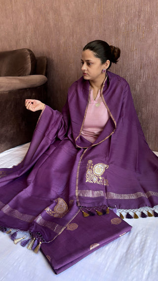 Plum moonga silk kadhwa buti suit set