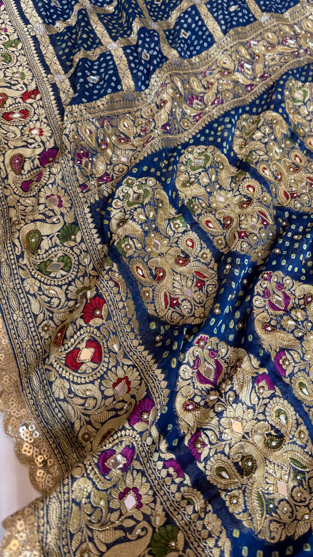 Navy blue banarasi rai chiffon gorgette kadhwa hand embroidered saree