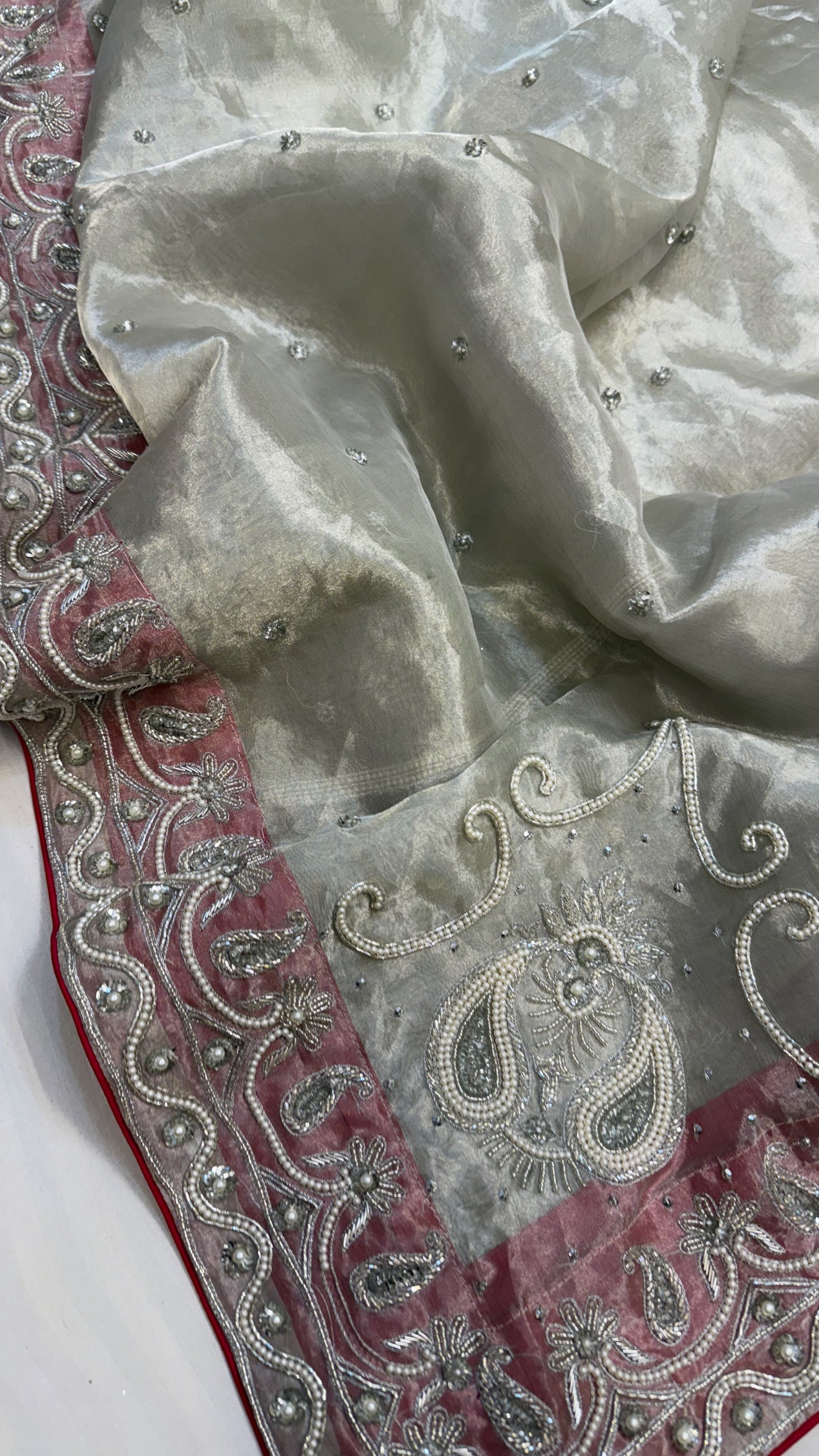 Gulab ki pankhuri husn tissue silk heavy hand embroidered zardozi border saree